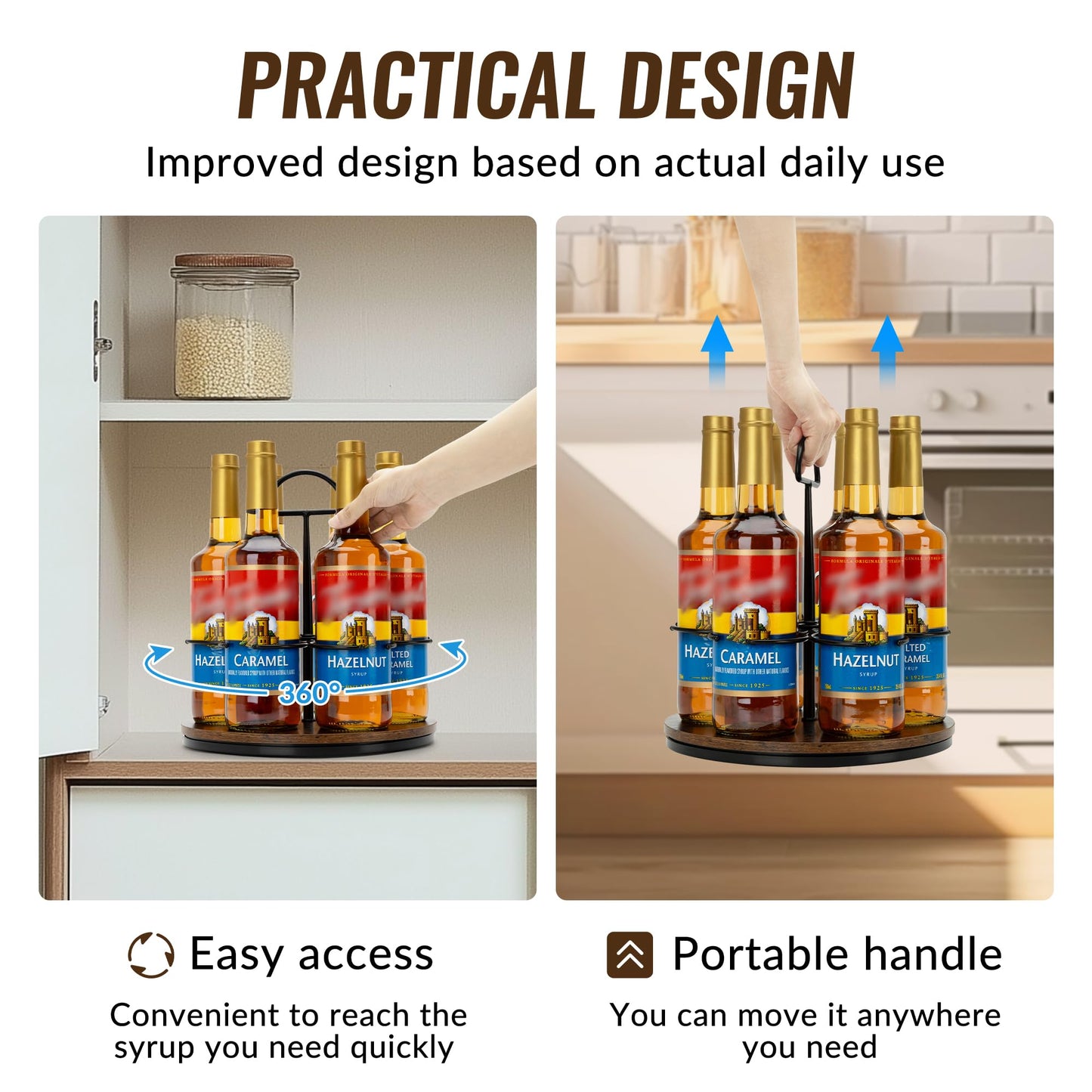 SUNNEKO Rotating Coffee Syrup Organizer Hold 6 Bottles, Wood Coffee Syrup Rack for Countertop, Large Bottle Holder Stand for Bar Station, Turntable Wine Display Tray (Black - 6 Bottles)