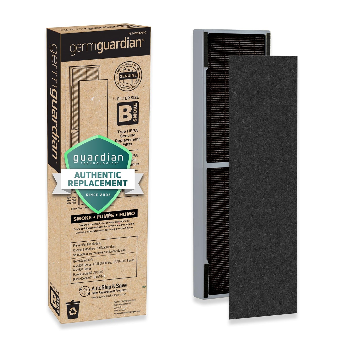 GermGuardian Air Filter B Genuine Smoke Clear HEPA Replacement Air Purifier Filter, Wildfire Smoke, Removes 99.97% of Pollutants, Smoke Toxins for AC4825, AC4300, AC4880, AC4900, CDAP4500, FLT4825SM
