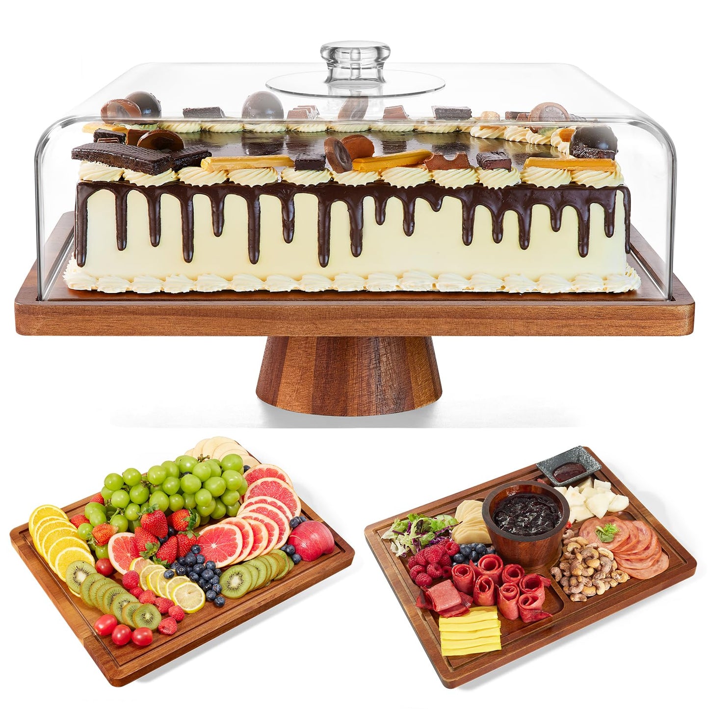 HouseJoy Acacia Wood Cake Stand with Lid-Extra Large 17" Rectangular Cake Holder,2-in-1 Dessert Table Display Set & Charcuterie Board,Acrylic Cake Dome Cover for Cheese/Veggie/Desert /Chips & Dip