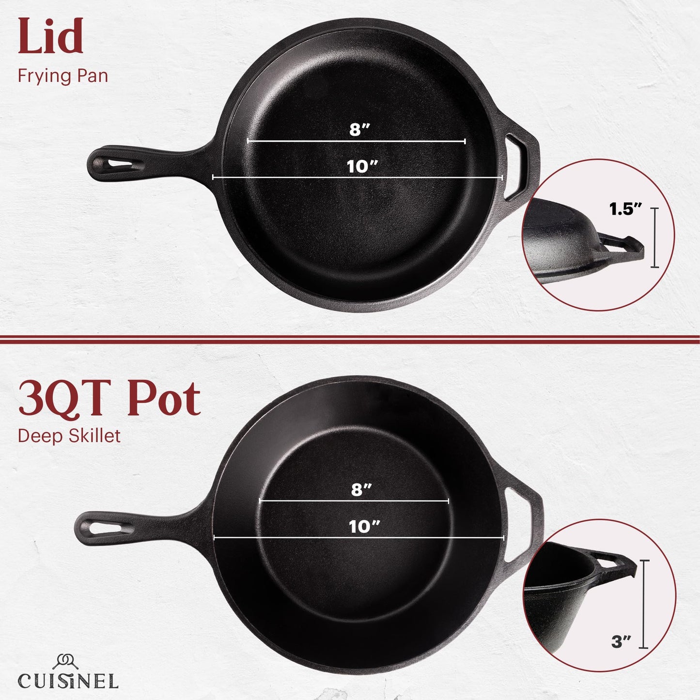 Cuisinel Cast Iron Skillet + Lid - 2-In-1 Multi Cooker - Deep Pot + Frying Pan - 3-Qt Dutch Oven - Pre-Seasoned Oven Cookware - Works for Bread, Indoor/Outdoor, Grill, Stovetop and Induction