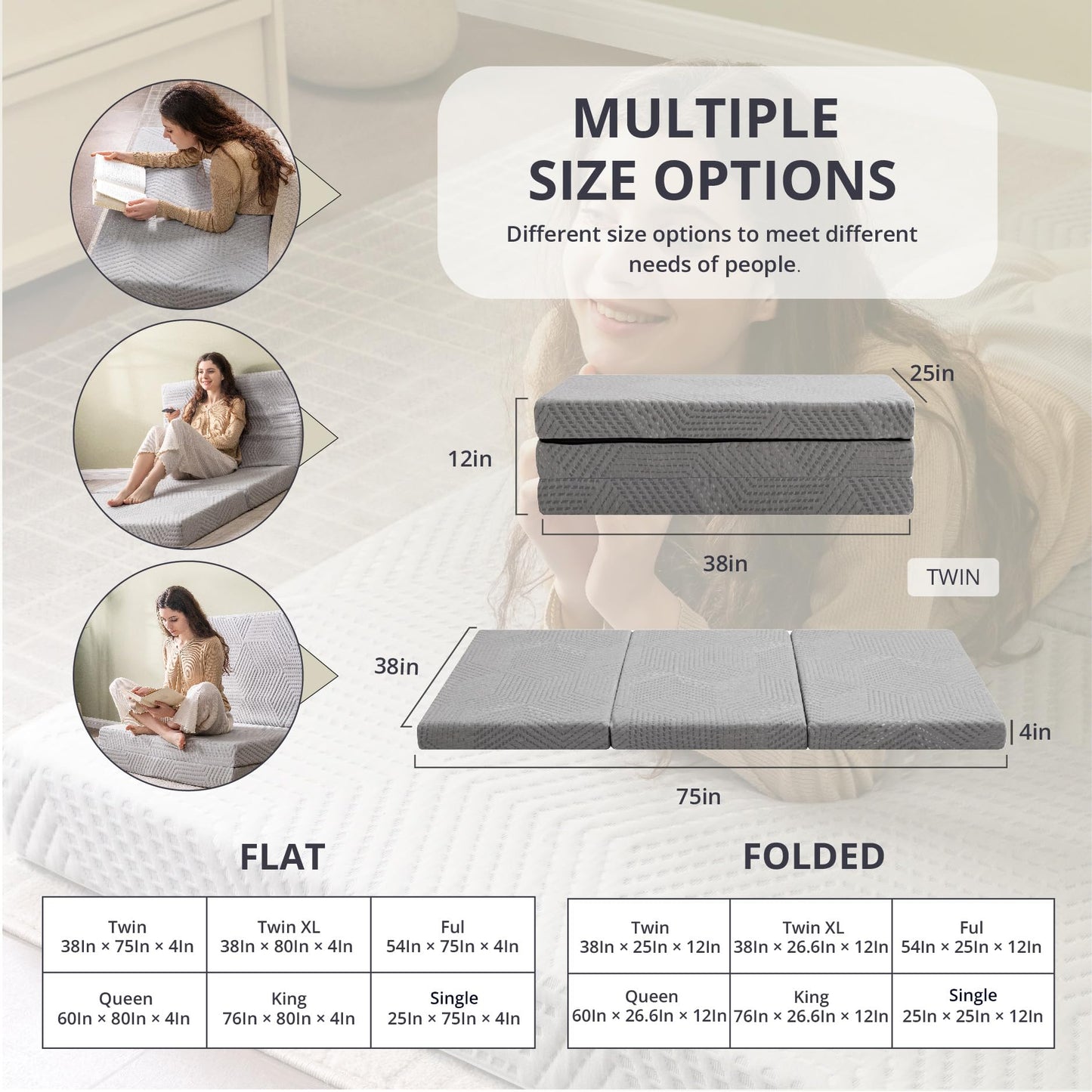 CH Charme House Folding Mattress, 4 Inch Single Tri Folding Memory Foam Mattress for Camping Guest Bed, Washable Cover & Non-Slip Bottom, 75" x 25" x 4", Grey