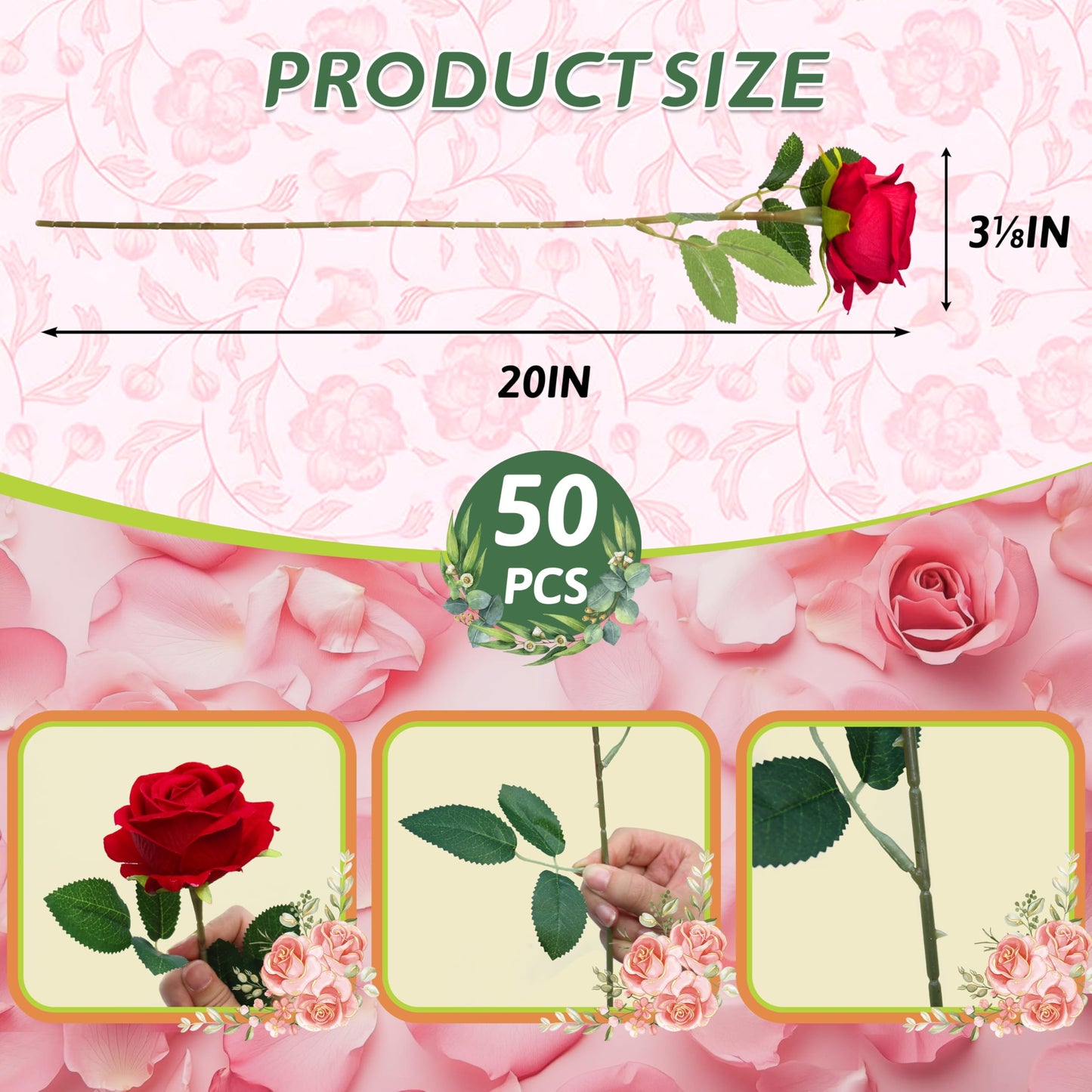 Jefuzh 50 PCS Fake Red Roses, Artificial Red Flowers Bulk Realistic Silk Faux Rose with Stems for Wedding Decoration Anniversary Bridal Bouquet DIY Floral Arrangement Romantic Home Decor Gifts