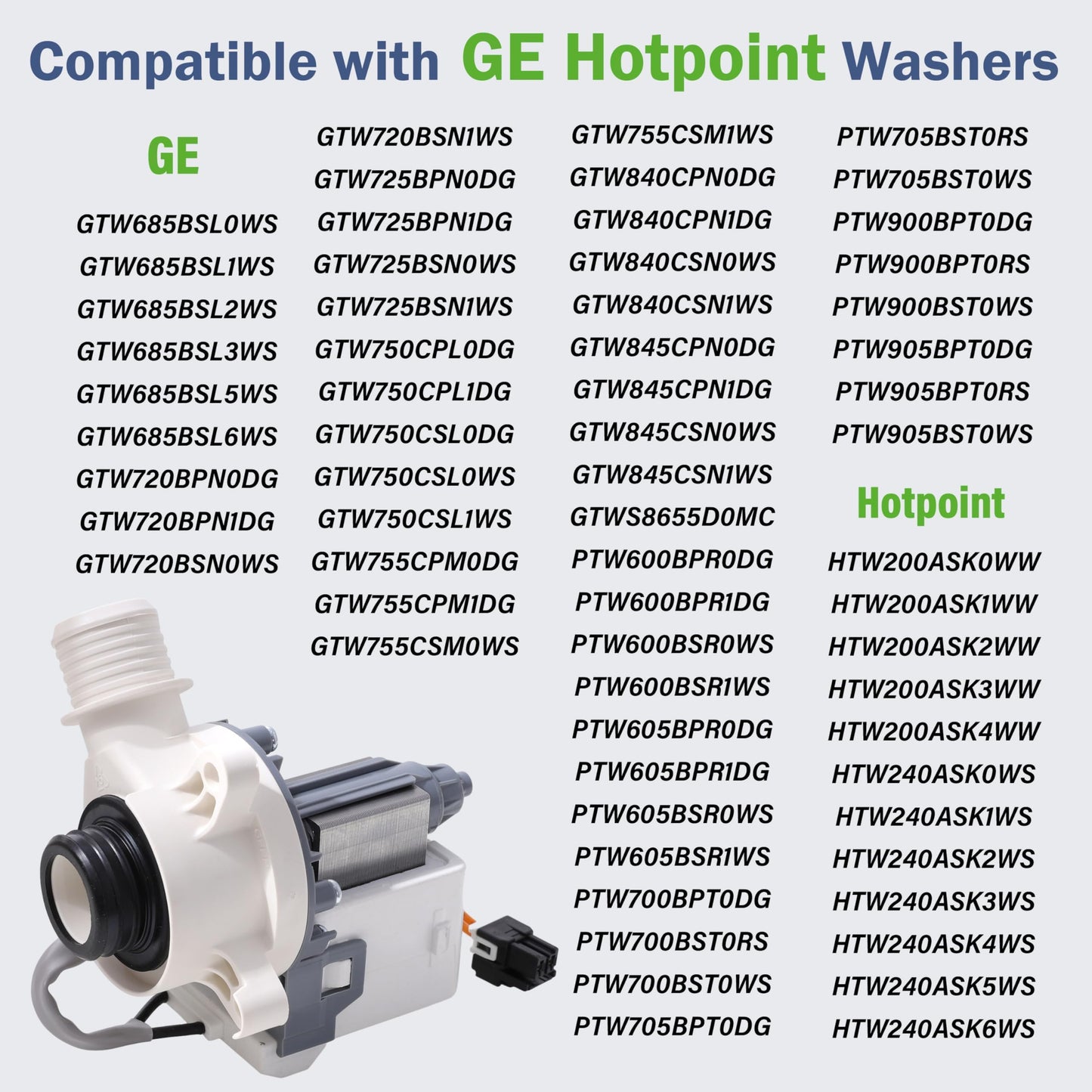 GTW335ASN2WW GTW330ASK3WW GTW335ASN1WW Washer Drain Pump by Semzohc - Compatible with G.E Hot-point Washers GTW465ASN2WW GTW460ASJ8WW GTW680BSJ6WS HTW200ASK1WW PTW600BSR1WS