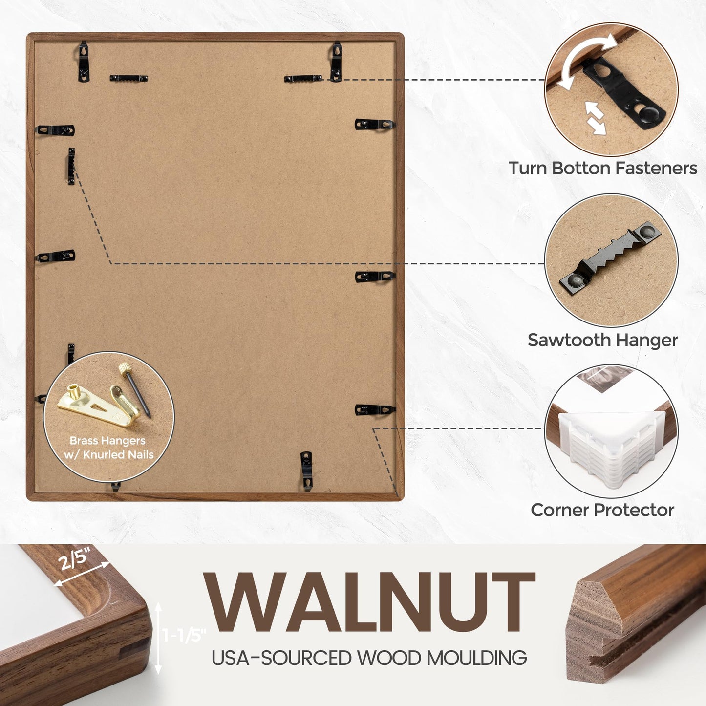 16 x 20 Picture Frame, USA-Sourced Natural Walnut Wood Photo Frame with Tempered Glass, Handcrafted Rounded Corner 16x20 Wooden Frame Matted to 11x14 Photos, Horizontal or Vertical Wall Mounting