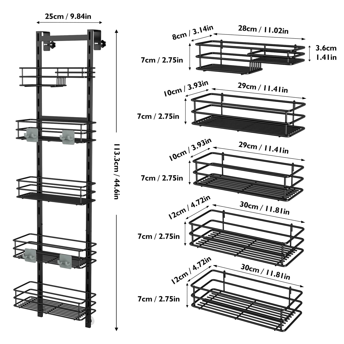 Orimade Over the Door Shower Caddy Adjustable 5 Tier Black,Bathroom Hanging Organizer Shelf Rustproof with 4 Hooks,Shower Basket with Soap Holder and Suction Cup