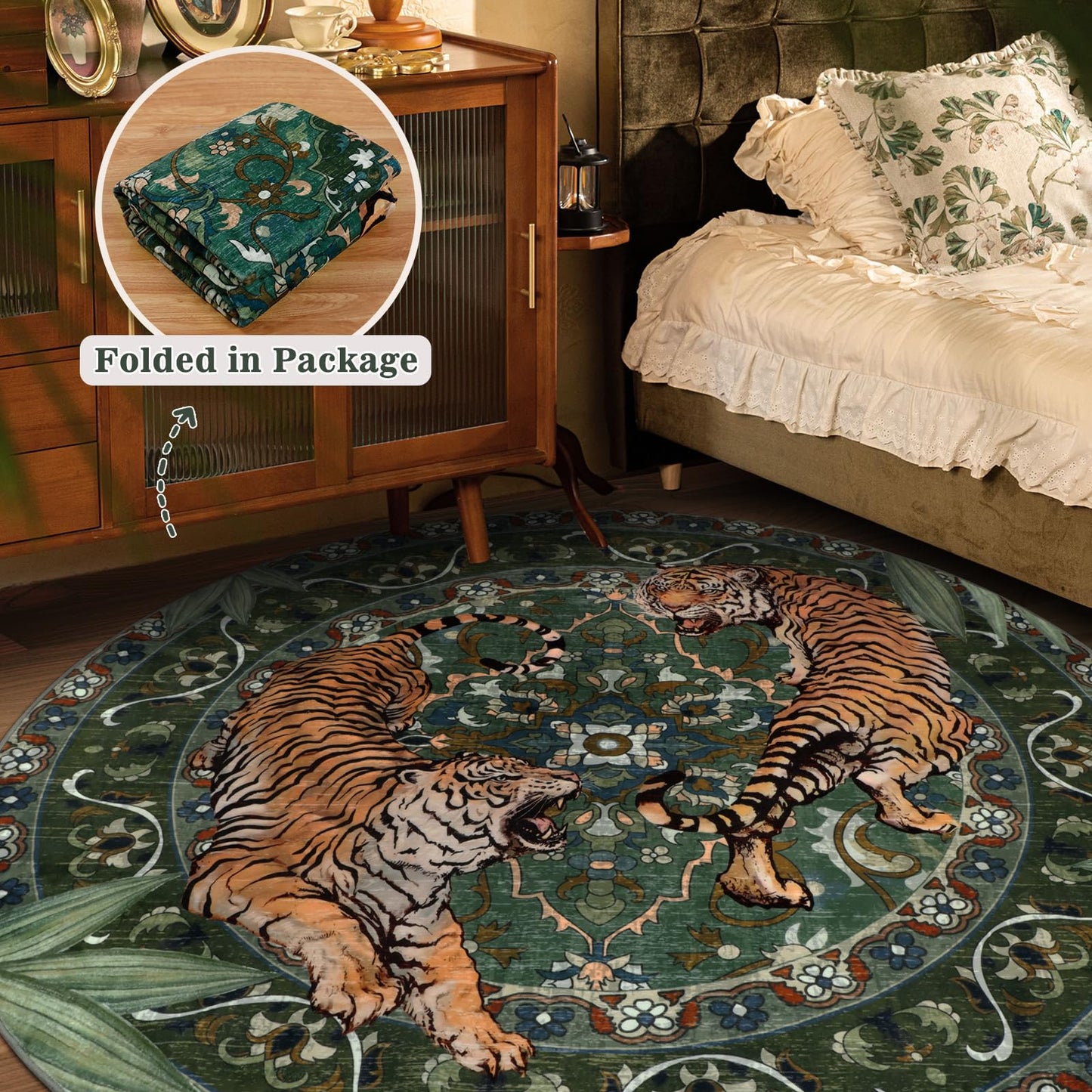 Geanlod Tiger Round Area Rugs for Living Room 6ft, Boho Green Animal Print Bedroom Circle Rugs Non Slip, Washable Botanical Jungle Floor Carpet for Dining Room Entryway Nursery Playroom Office Spring