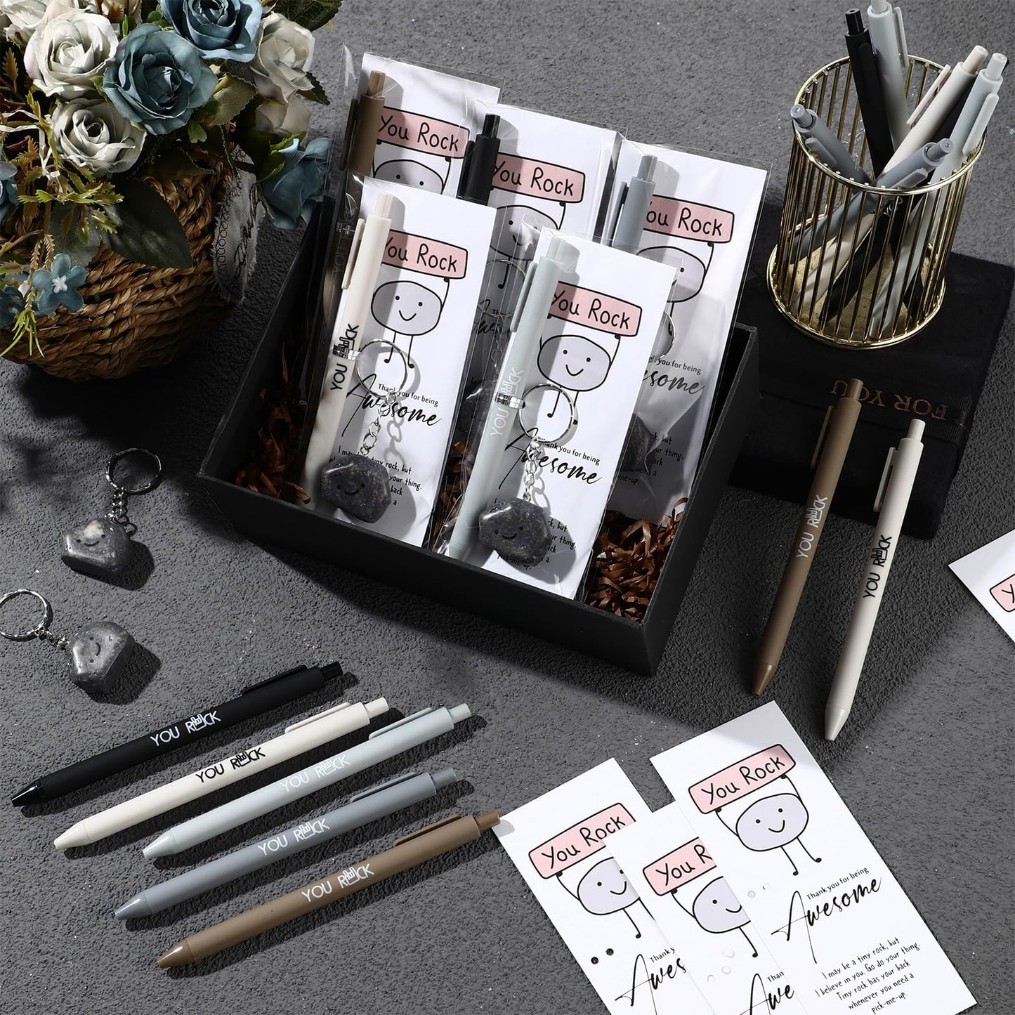 Sayglossy 50 Set Teacher Appreciation Inspirational Gifts Bulk You Rock Gifts Pens Sets Motivational You Rock Ballpoint Pens Keychain Bookmark Office Gift for Team Employee Staff Nurse Appreciation