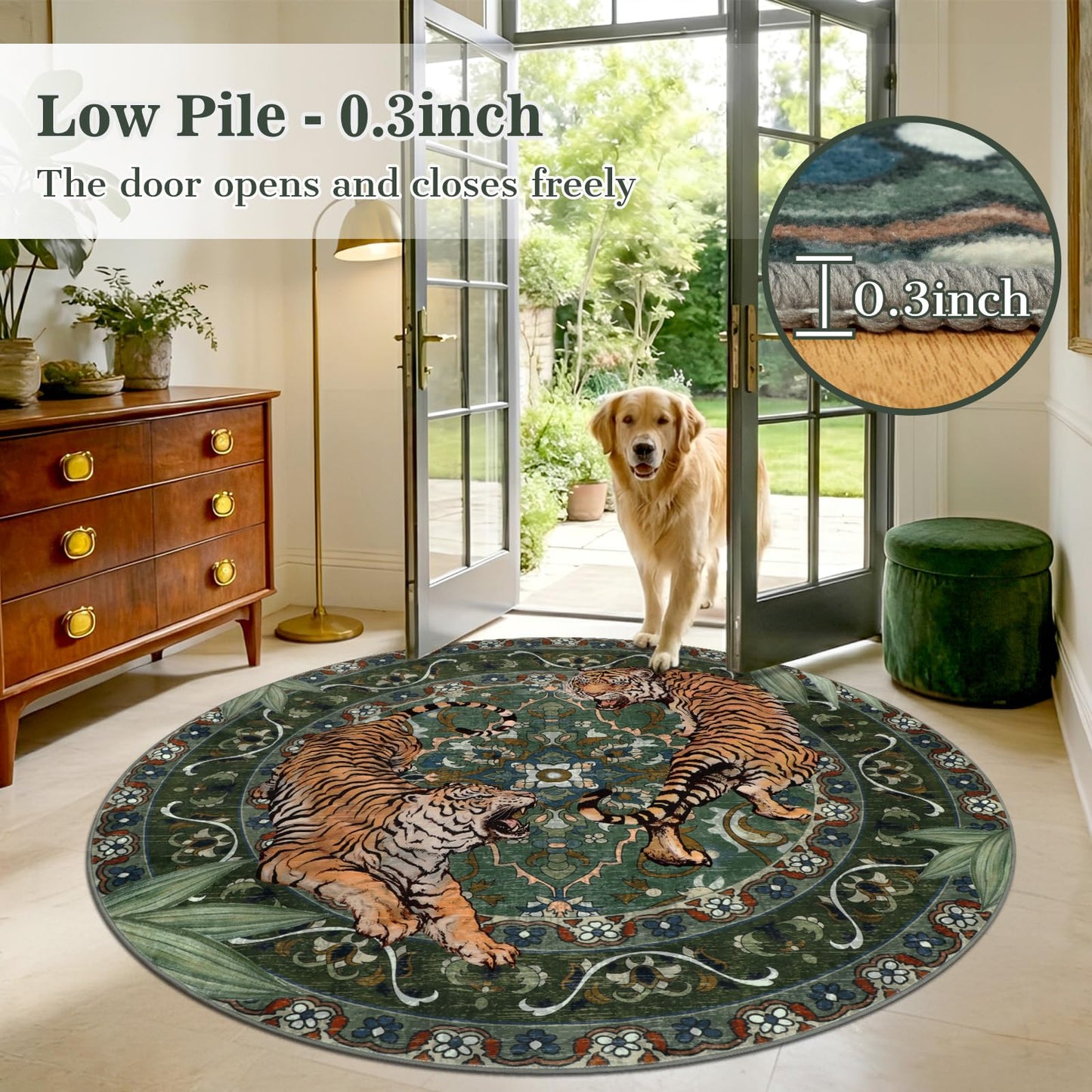 Geanlod Tiger Round Area Rugs for Living Room 6ft, Boho Green Animal Print Bedroom Circle Rugs Non Slip, Washable Botanical Jungle Floor Carpet for Dining Room Entryway Nursery Playroom Office Spring