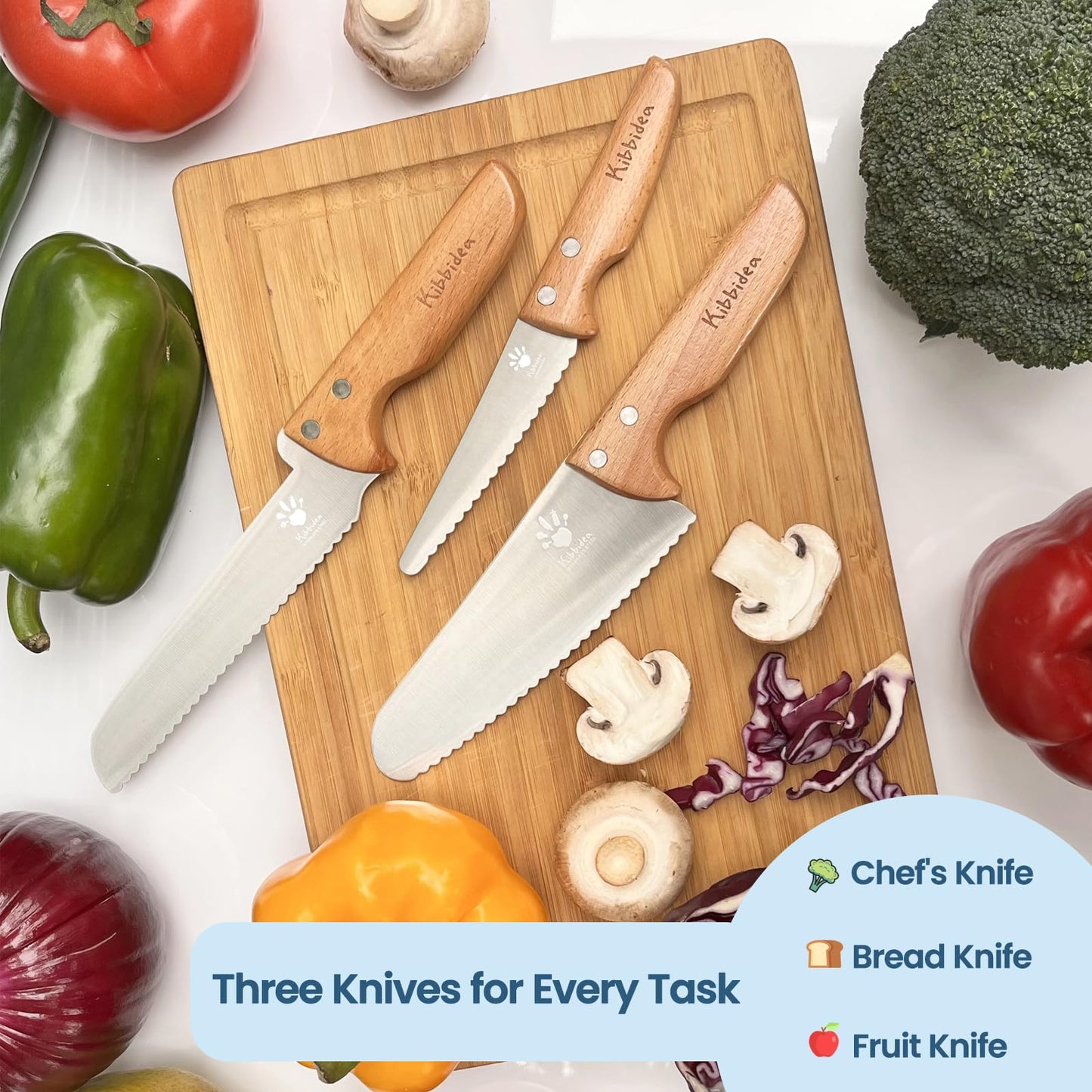 Kibbidea Kids Knife Set for Real Cooking, 4pcs Safe Kitchen Knives for Beginners, Food-grade Stainless Steel Blades for Cutting Chopping, Child First Starter knife, BPA-free (Silver)
