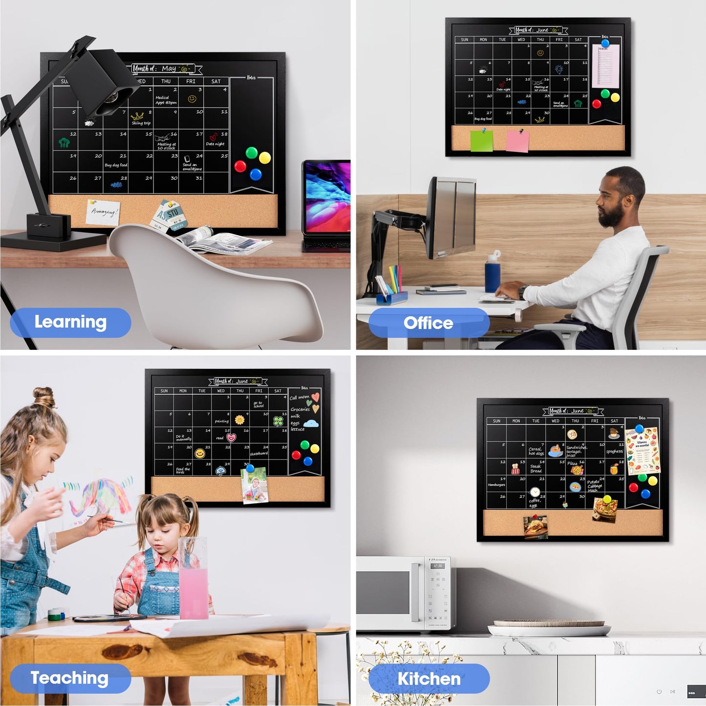 Board2by Monthly Chalkboard Calendar & Cork Board for Wall, 18" x 24" Magnetic Chalk Calendar Board Combo Board, Hanging Wood Frame Combination Board Blackboard with Pens for Office, School, Home