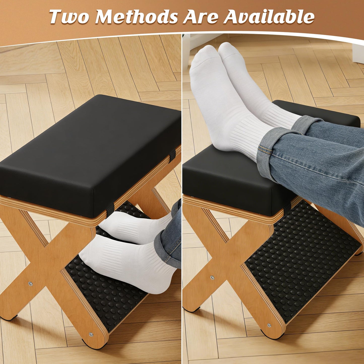 WWMFS Wood X-Legs Foot Stool Ottoman, Multi-Purpose Small Ottoman with Pebble Massage Surface and Non-Slip Foot Pads，Sturdy Solid Wood Frame Padded Seat Footrest for Office，Living Room & Bedroom