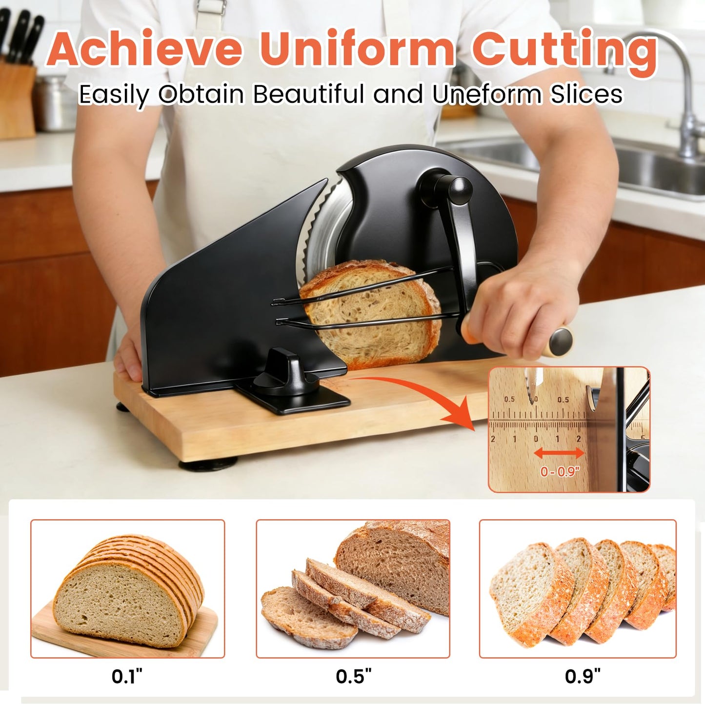 Bread Slicer for Homemade Sourdough Bread,Manual Slicer Making Tools,Adjustable Thickness Knive Cutter with Hand Crank for Sandwich with Scale Line Suction Base,Sharp Stainless Steel Blade (Black)