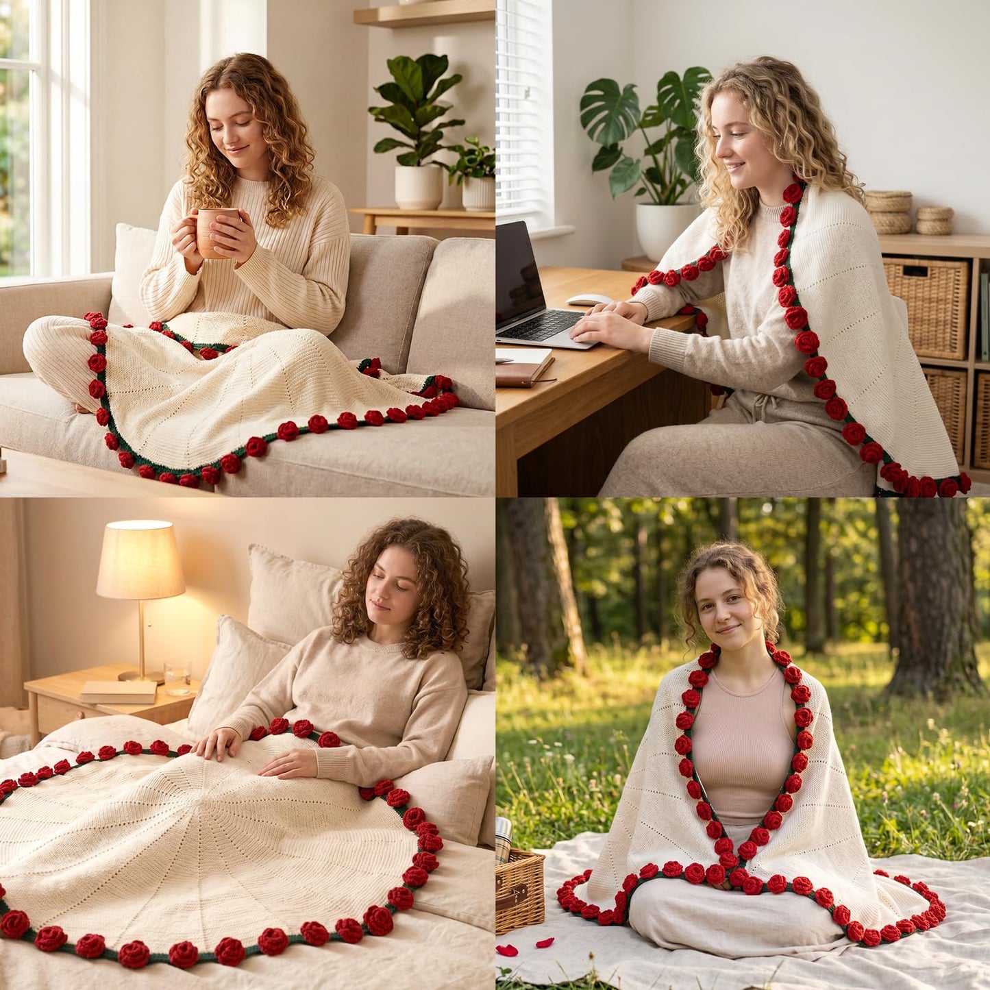 cagulax Birthday Gifts for Women Mothers Day, Rose Crochet Flowers Bouquet Blanket, Anniversary Wedding Graduation Gifts for Couples Wife Girlfriend Friends, Soft Rose Knitted Blanket 43 Inches