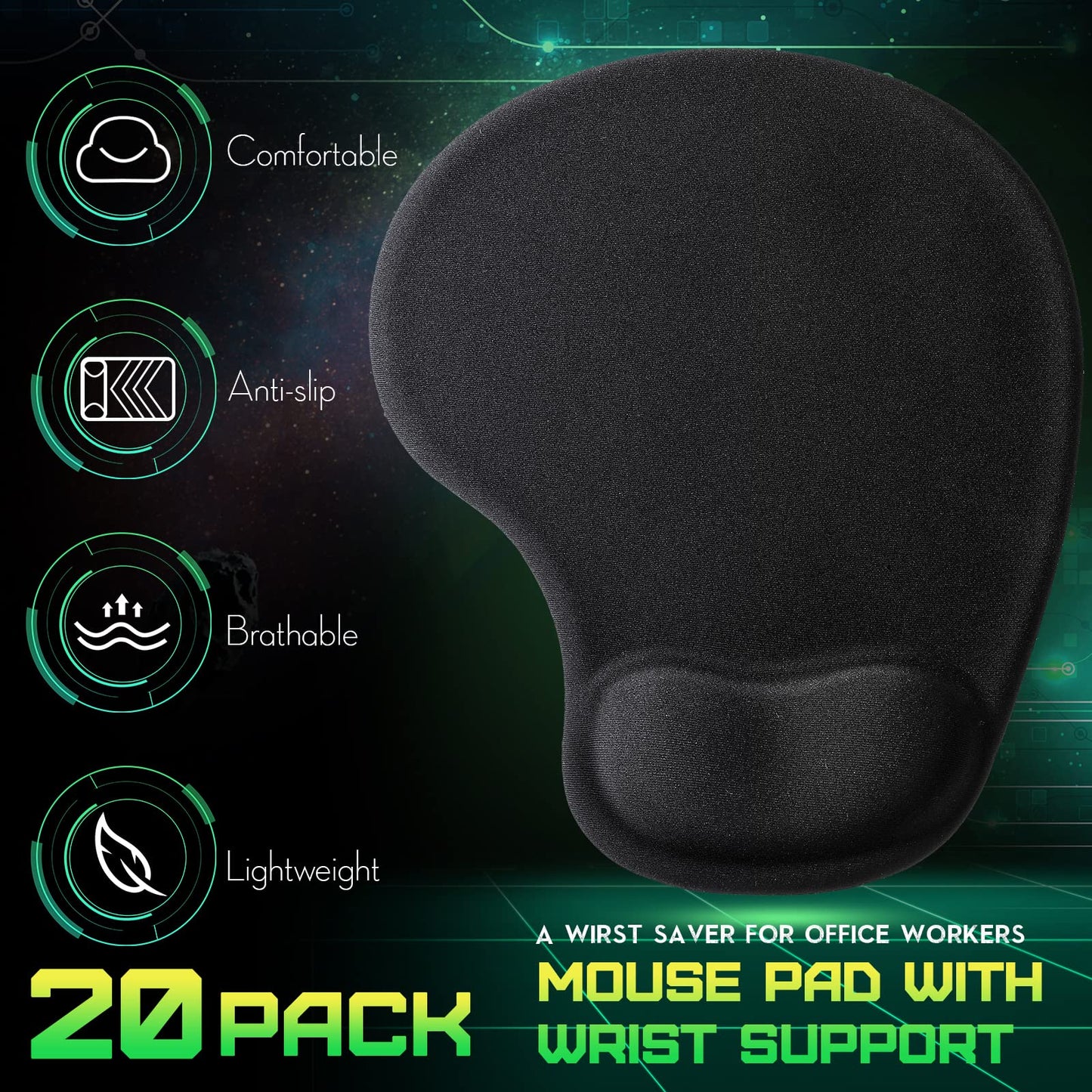 20 Pieces Ergonomic Mouse Pad with Wrist Support Gel Mouse Pad with Wrist Rest Black Pain Relief Comfortable Gaming Memory Foam Non Slip PU Base for Computer Laptop Home Office Travel