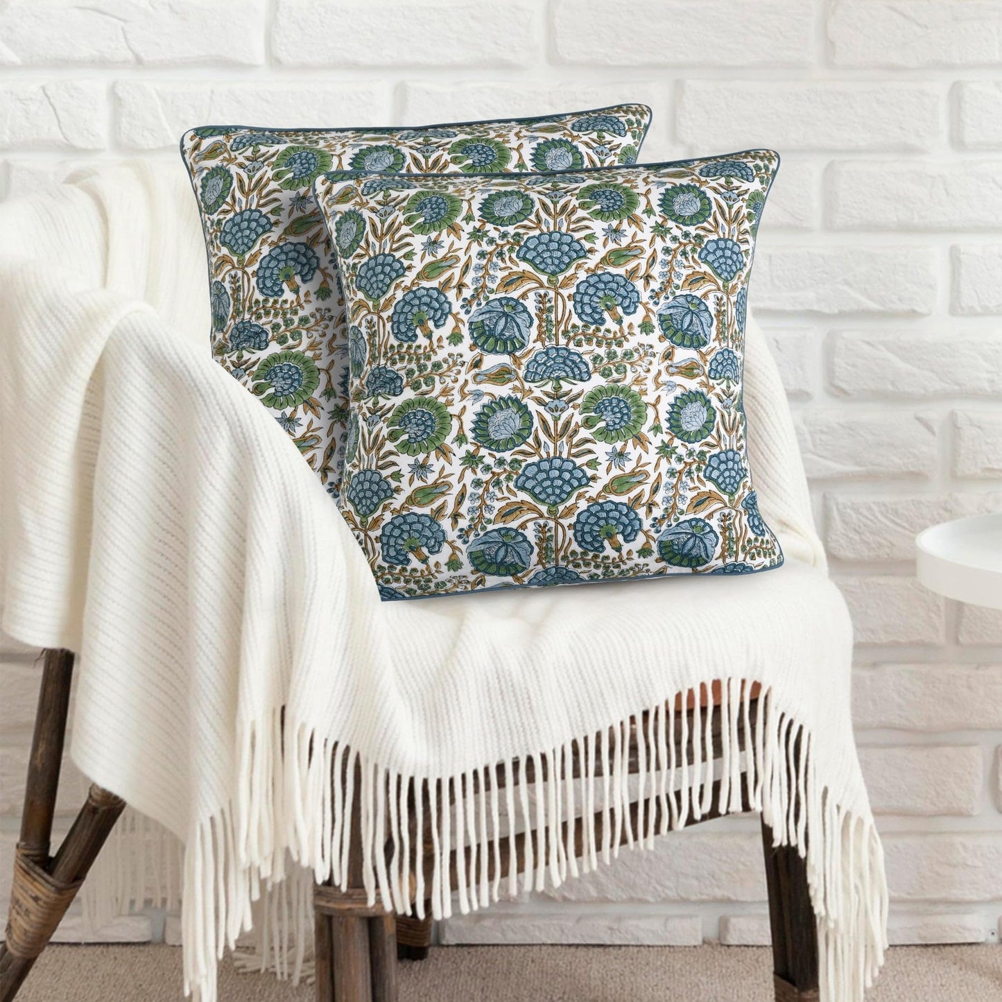 Ridhi Block Print Asparagus Green Pillow Cover 24" x 24" (Pack of 2) Decorative Couch Pillows for Living Room, Farmhouse Chic Boho Cute Outdoor Pillows Covers Gifts for Spring, Mother's Day