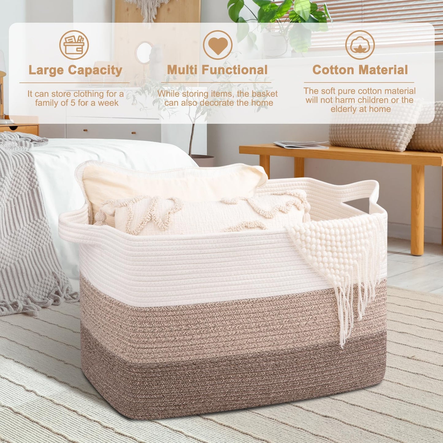 OIAHOMY Extra Large Blanket Basket, 110L Cotton Rope Woven Laundry Basket, Toy Bin for Baby Room, Container for Blanket Storage in Living Room, 24.8''×17.3''×15.8'', Gradient Brown