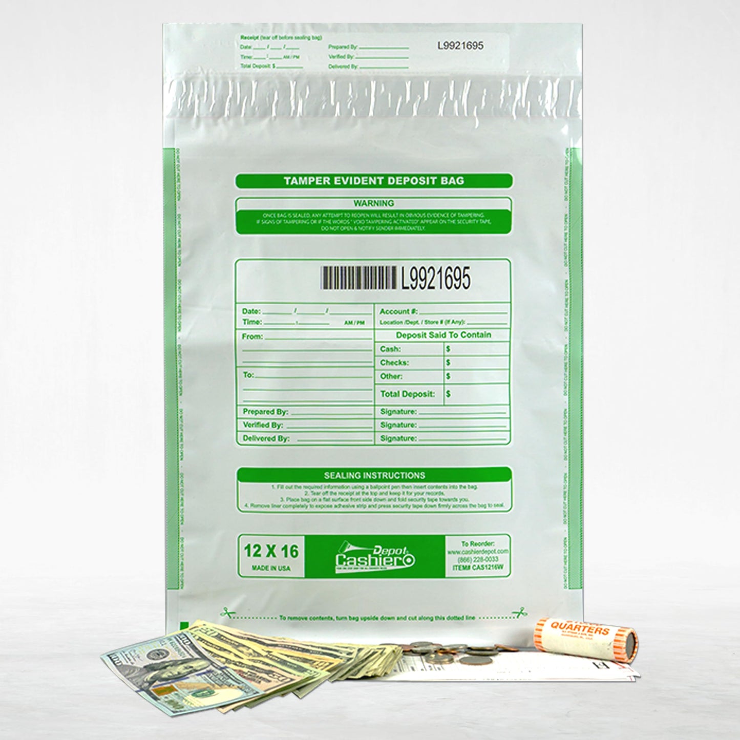 100 Cashier Depot - Tamper Evident Bank Deposit Bags, 12 x 16 Inches, White, 100 Count, Press & Seal Void Closure, Serialized Numbering with Barcode, Made in USA