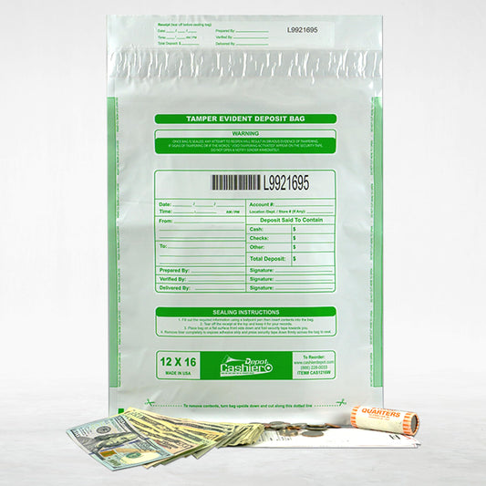 100 Cashier Depot - Tamper Evident Bank Deposit Bags, 12 x 16 Inches, White, 100 Count, Press & Seal Void Closure, Serialized Numbering with Barcode, Made in USA