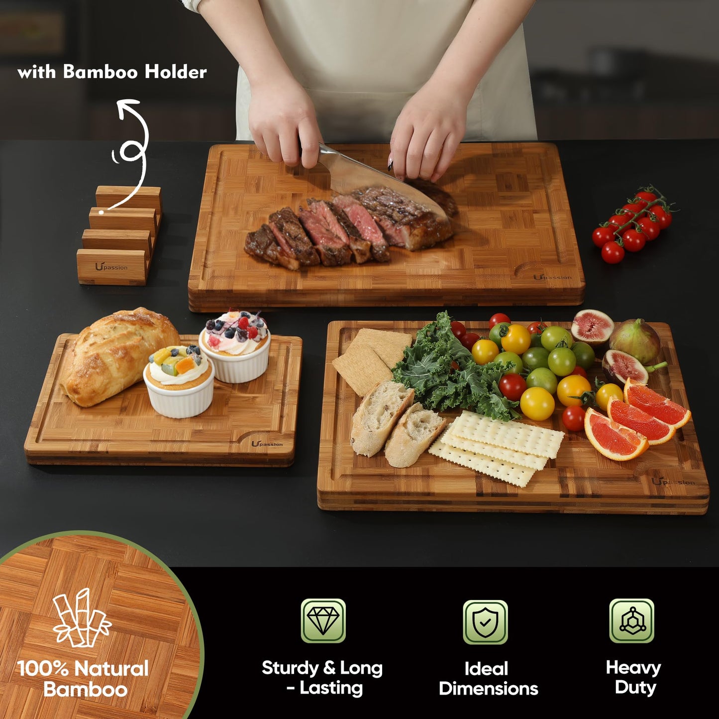 Heavy Duty Bamboo Cutting Board Set 3 Pack Non Toxic Juice Groove Charcuterie Board Book Wood Cutting Boards for Kitchen Solid End Grain Wood Chopping Board Large Butcher Block