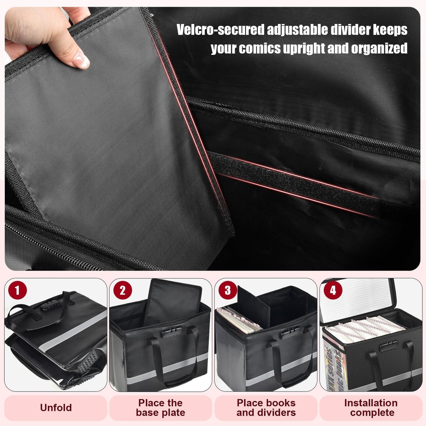 Fireproof Comic Book Storage Box - Holds 140+ Comics, Organizer Kit with 50 Protective Bags, Label Stickers and Catalog, Comic Book Bin with Adjustable Divider, Lock & Reflective Strips (Case Only)