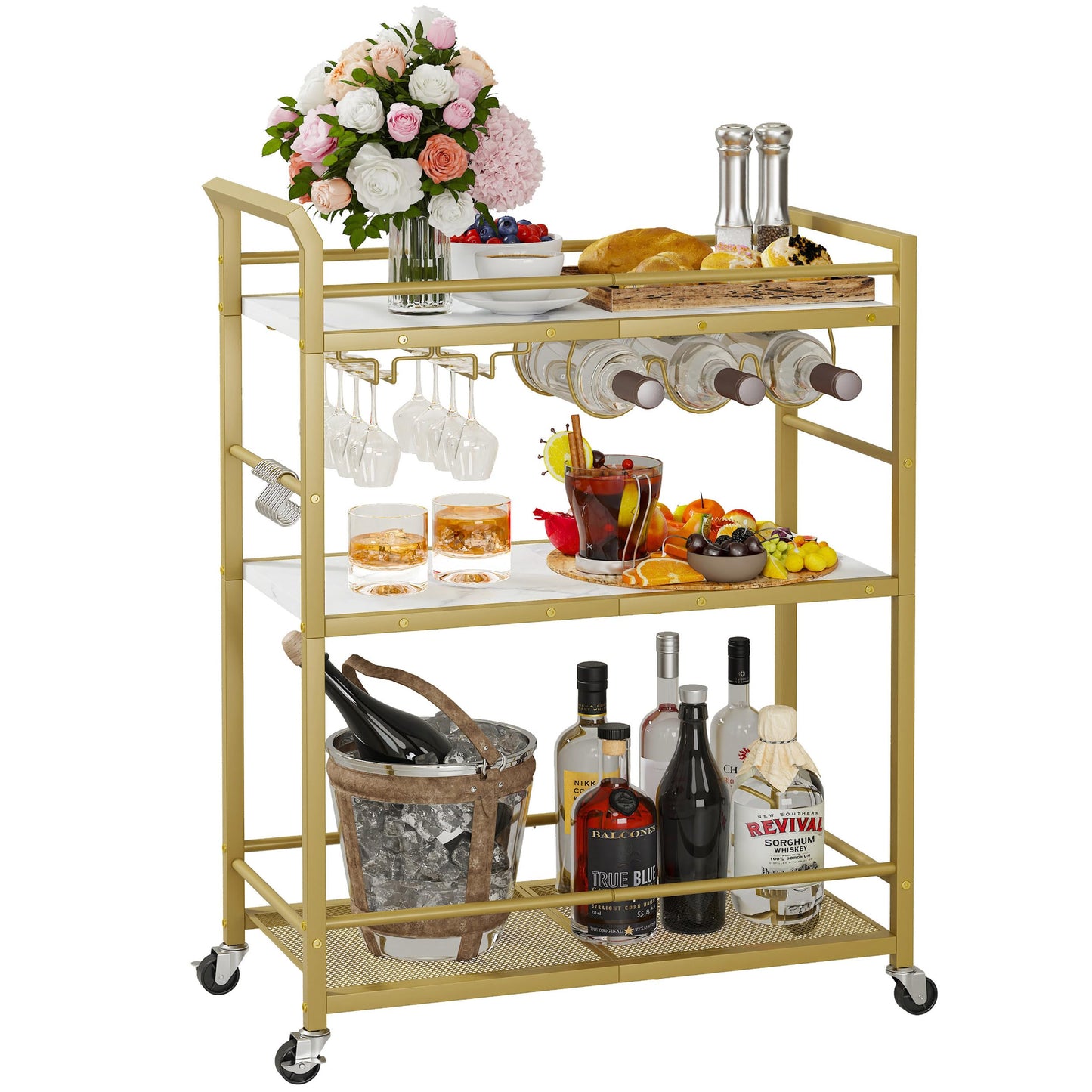 YAUKTAK 3 Tier Bar Cart, Small Beverage Cart, Mini Bar Cart with Wine Rack, Compact Mini Bar Cart - Please Refer to the Exact Dimensions for Usage Matching Dimensions: 22" W × 13" D × 35.8" H GBC507G