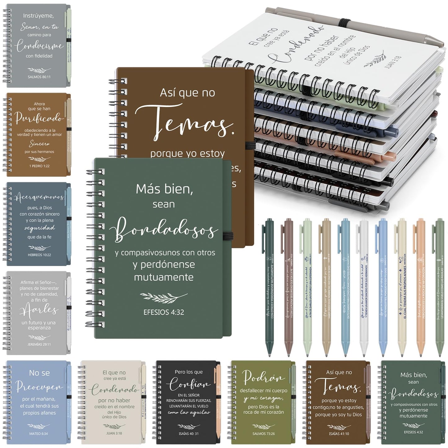 Resurhang 40 Pcs Spanish Christian Gift 20 Spiral Religious Notebook 20 Bible Pen Christian Prayer Journal Ballpoint Pen for Church Gift(Bible,Natural Color)