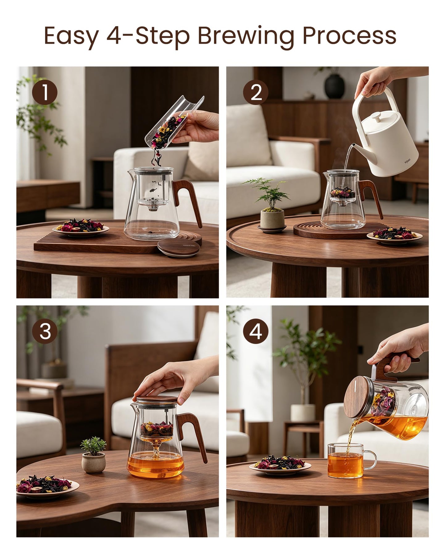 ZENS Magnetic Tea Pot, Enchanted Glass Teapot with Infuser and Magnetic Suction Lid for Mess-Free Loose Tea Diffusers, Walnut Wood Handle, Tea Lovers Gifts