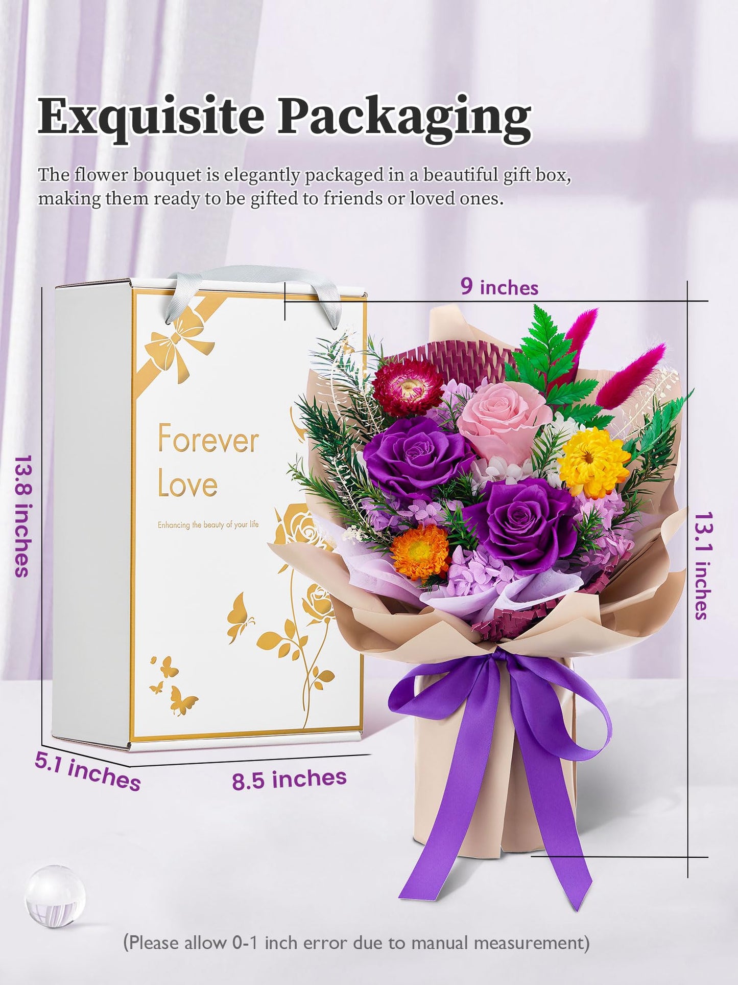 Flomoon Forever Flowers Gifts for Mom, Mothers Day Preserved Flowers Bouquet Birthday Gifts for Her, Preserved Roses for Grandma Wife Anniversary Valentines Day Christmas (Purple Paper)