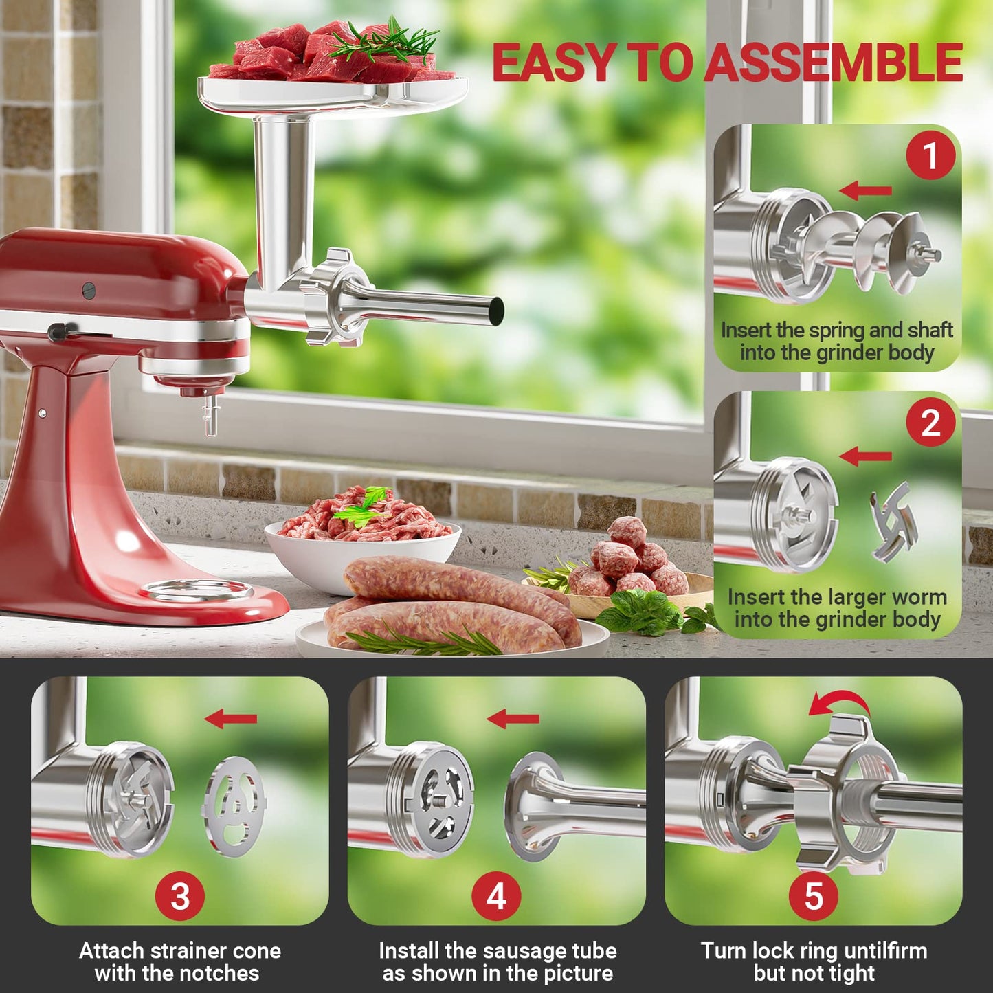 Metal Meat Grinder Attachment For KitchenAid Stand Mixer, Sausage Stuffer, Burger Press, Food Grinder Attachment for Kitchen Aid Accessories and Attachments