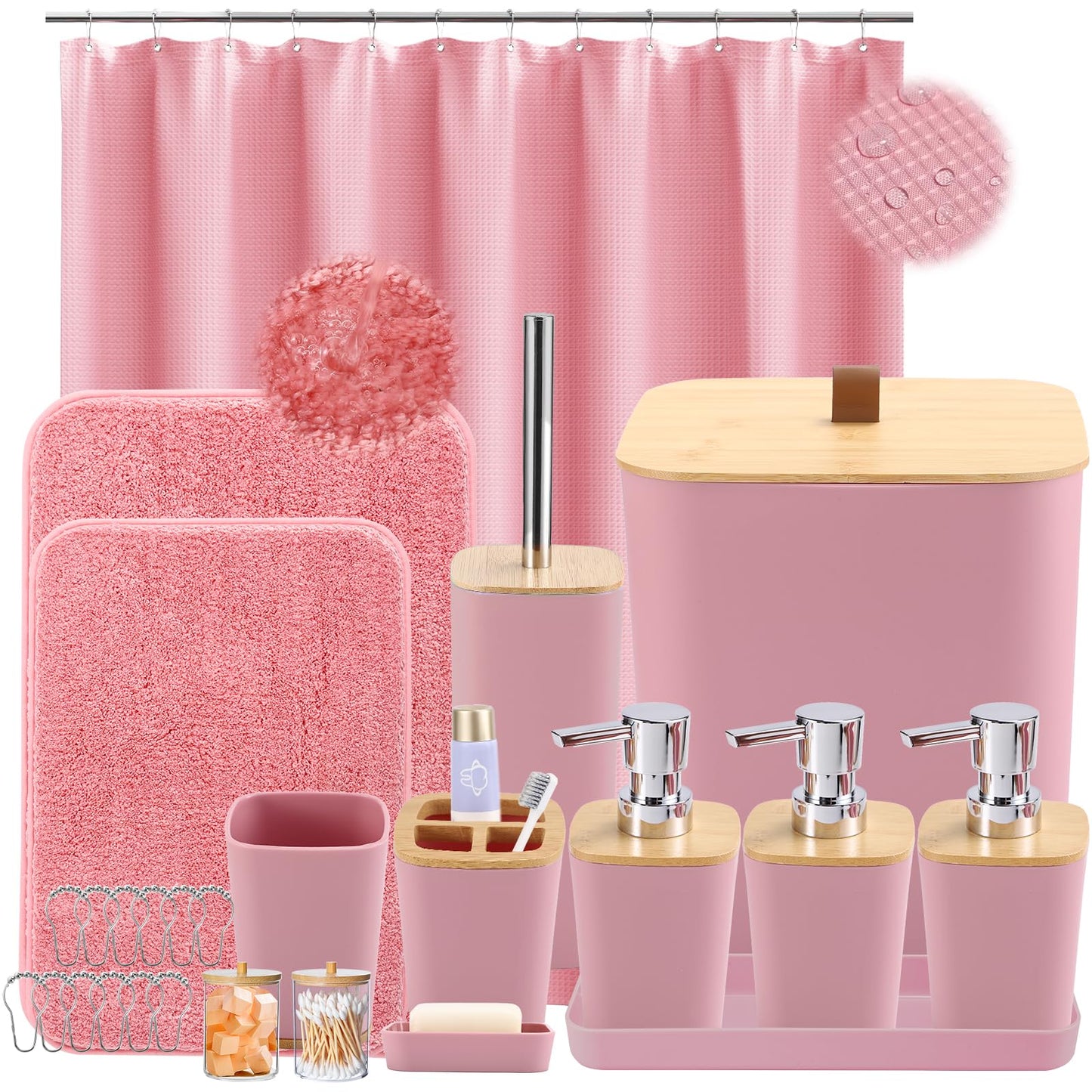 XLHOMO Bathroom Sets with Shower Curtain and Rugs, 27PCS Pink Bathroom Accessories Set with Trash Can, Pink Shower Curtain Set, No Slip Super Absorbent Bathroom Rugs