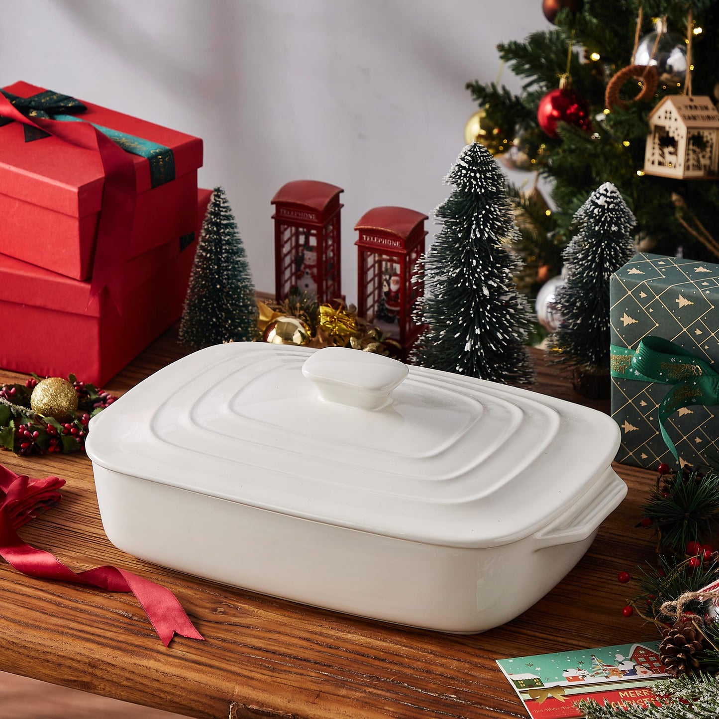 Large Ceramic Casserole Dish with Lid, 4.0 Quart Covered Rectangular Stoneware Baking Dishes for Oven, Deep 9x13 Inch Lasagna Pans for Baking and Serving, Perfect for Christmas Gifts, White