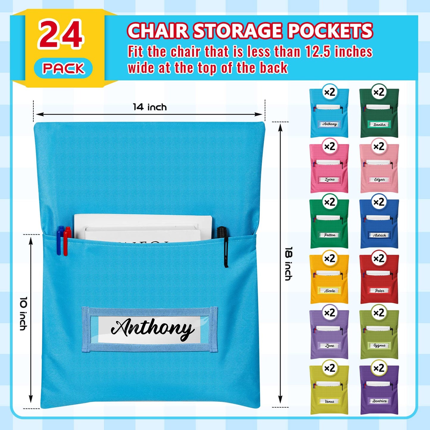 Chapou Chair Pockets for Classroom Chairback Pocket Chart 14 x 18 Inch Desk Organizer Pocket Chair Bag for Seat School Classroom (Classic,Bright,24 Pcs)