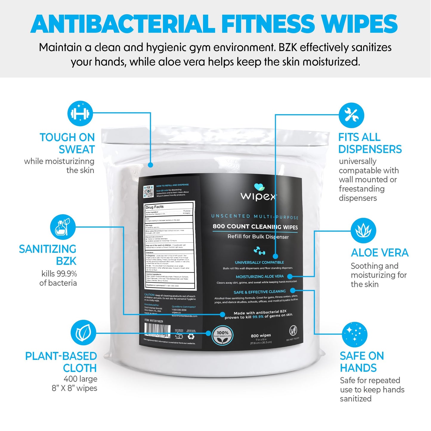 Wipex Fitness Wipes Refill - 800ct Antibacterial Hand Sanitizing Wipe with Safe Plant Based Cloth, Bulk Commercial Size - Great for Gyms, Studios, Clubhouse & Public Facilities