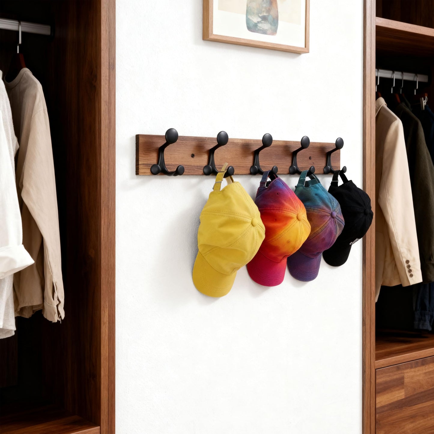 SKOLOO 24-Inch Wood Coat Rack Wall Mount with 5 Triple Hooks - Ideal for Family Entrances, Classrooms, and Pet Supplies Storage - Perfect Coat Hooks for Wall,Charred Golden Brown