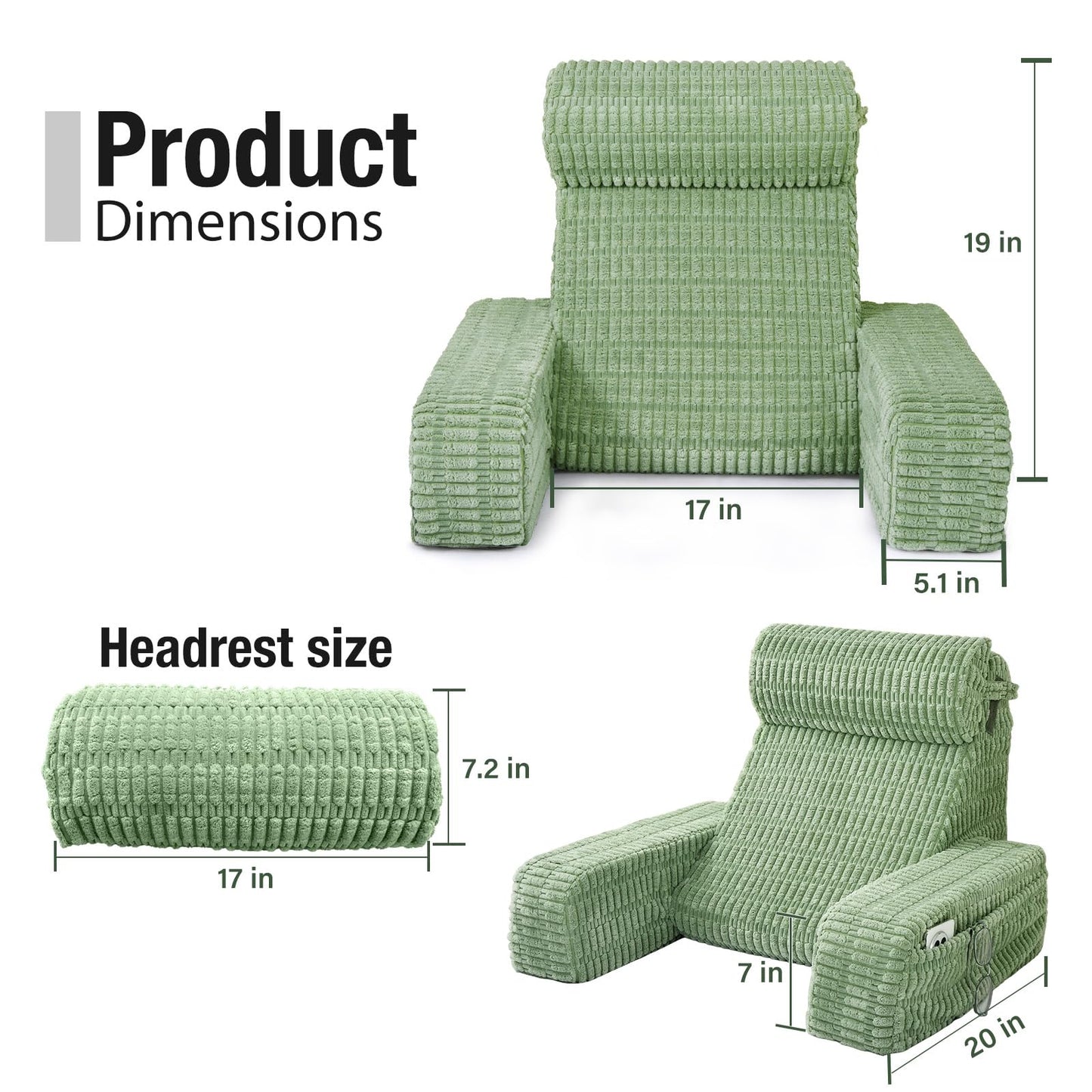 Selectico 19" Reading Pillow for Bed with Built-in Arms & Large Pockets, Supportive Backrest Cushion for Reading, Resting, or Reclining, Washable Cover – Sage Green