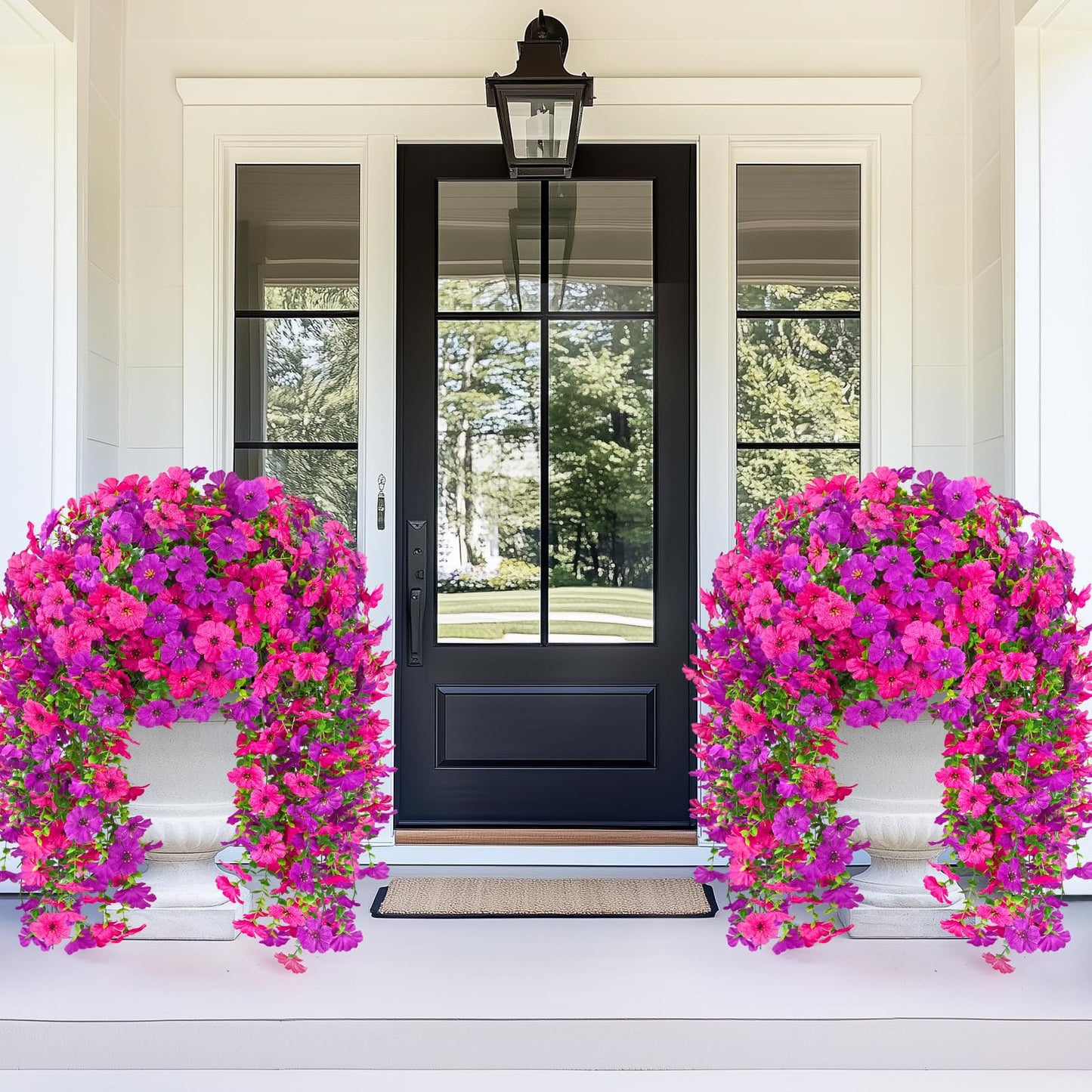 Dolicer 8 Pcs Look Real Artificial Flowers for Outdoors, Realistic Fake Artificial Hanging Flowers for Outdoors UV Resistant Silk Faux Hanging Plants Flowers for Porch Patio Garden (Purple+Fuchsia)