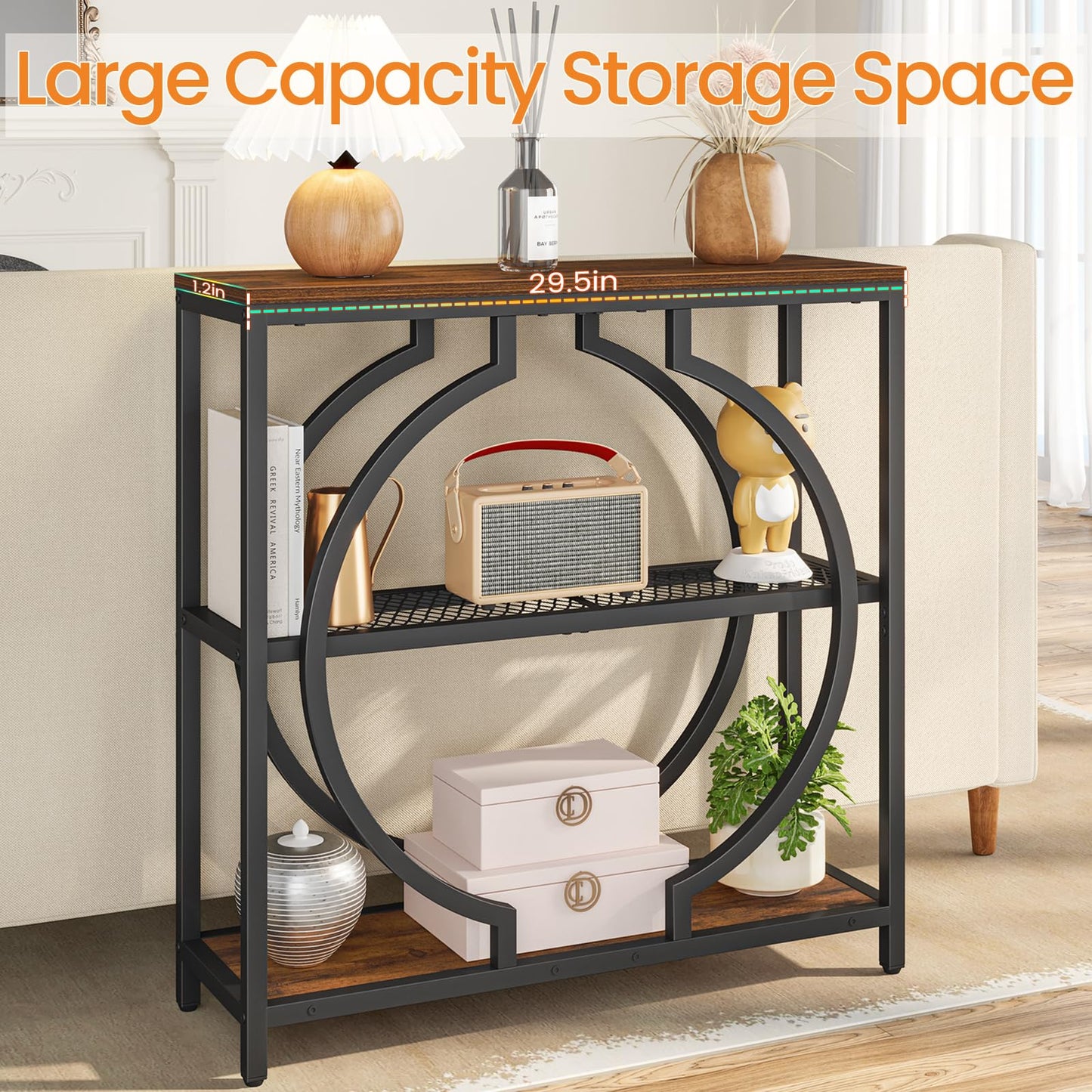 Snughome Entryway Table with 3 Tier Storage Shelves, Narrow Console Table Industrial Sofa Table with Circle Base, Behind The Couch Entrance Table for Hallway, Living Room, Foyer