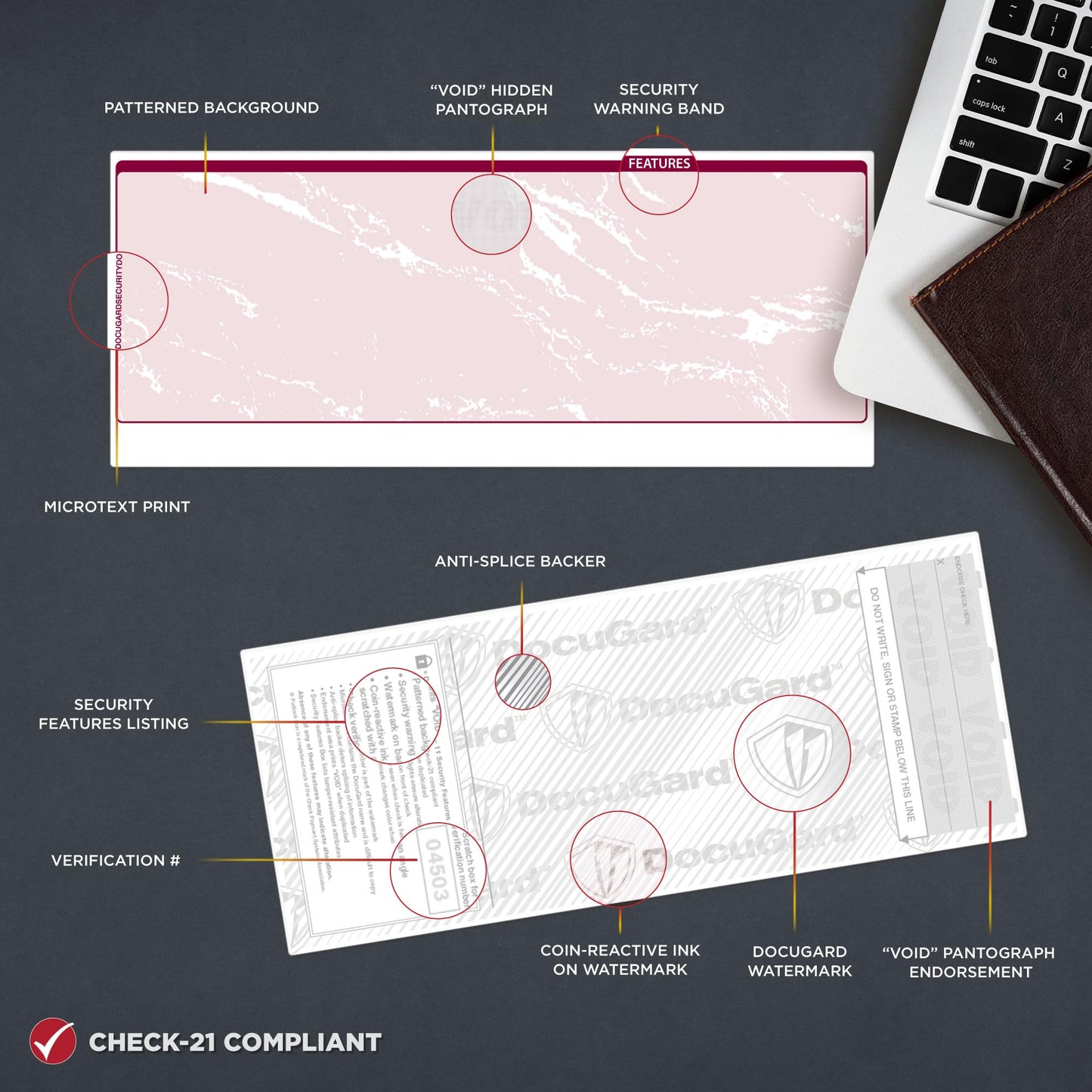 DocuGard Standard Burgundy Marble Top High Security Check Paper - Laser/Inkjet Printer Compatible - 11 Security Features - 500 Blank Business Checks (04503)