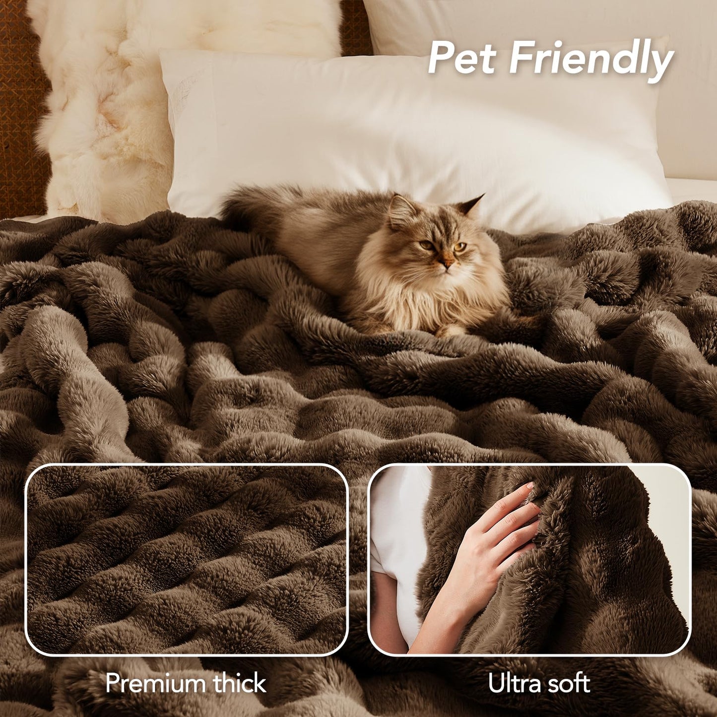 L'AGRATY Faux Rabbit Fur Blanket: 60" x 80" Twin Luxury Soft Fluffy Thick Fur Throw Blanket for Couch Bed Sofa - Cozy Plush Bubble Blankets for Winter: Flannel Fleece Decorative Blanket(Cocoa Brown)