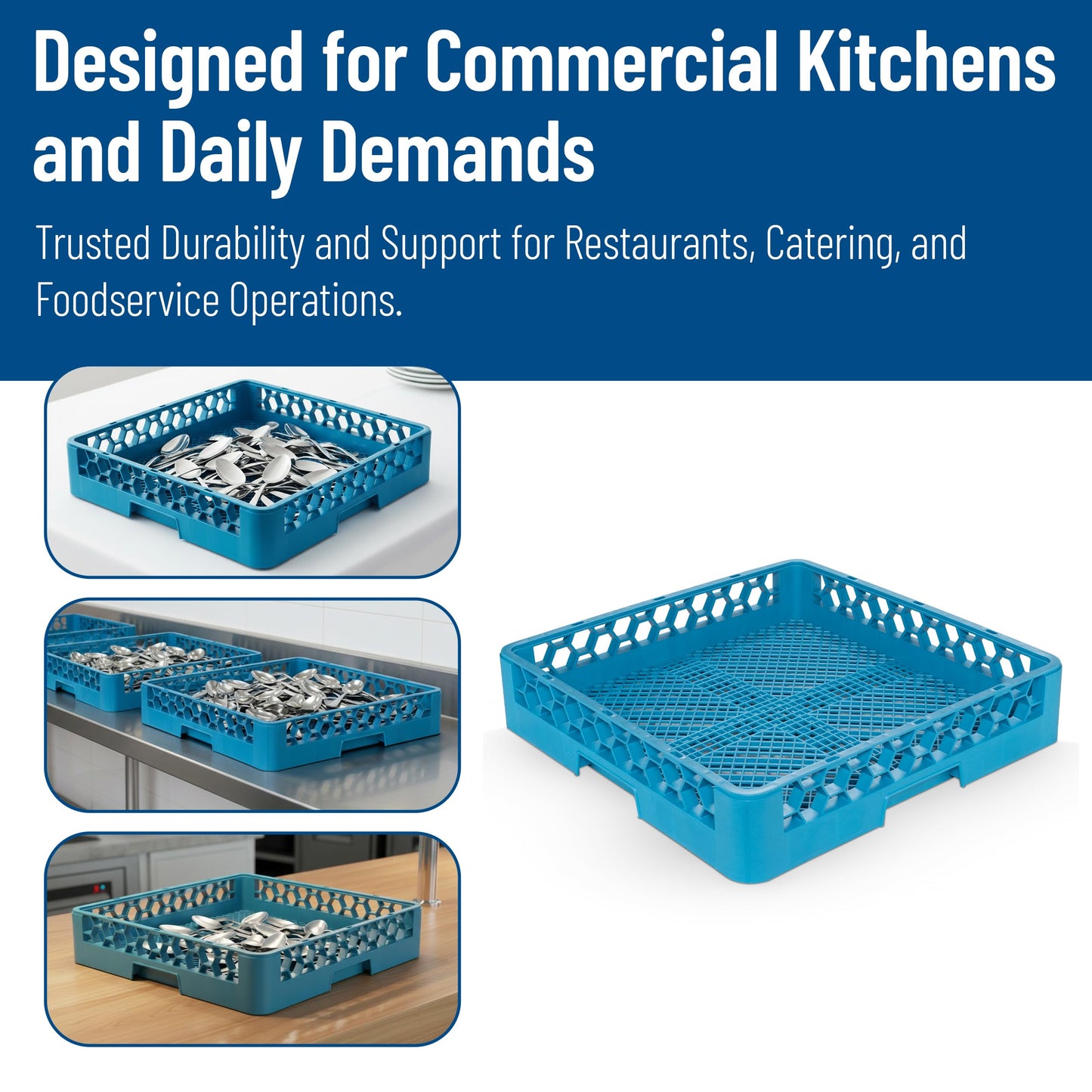 Carlisle FoodService Products OptiClean Combination Flatware Rack for Commercial Dishwashers – Open Bottom Grid Design, Holds Flatware, Ramekins, and Smallwares, 19.75" x 19.75", Blue