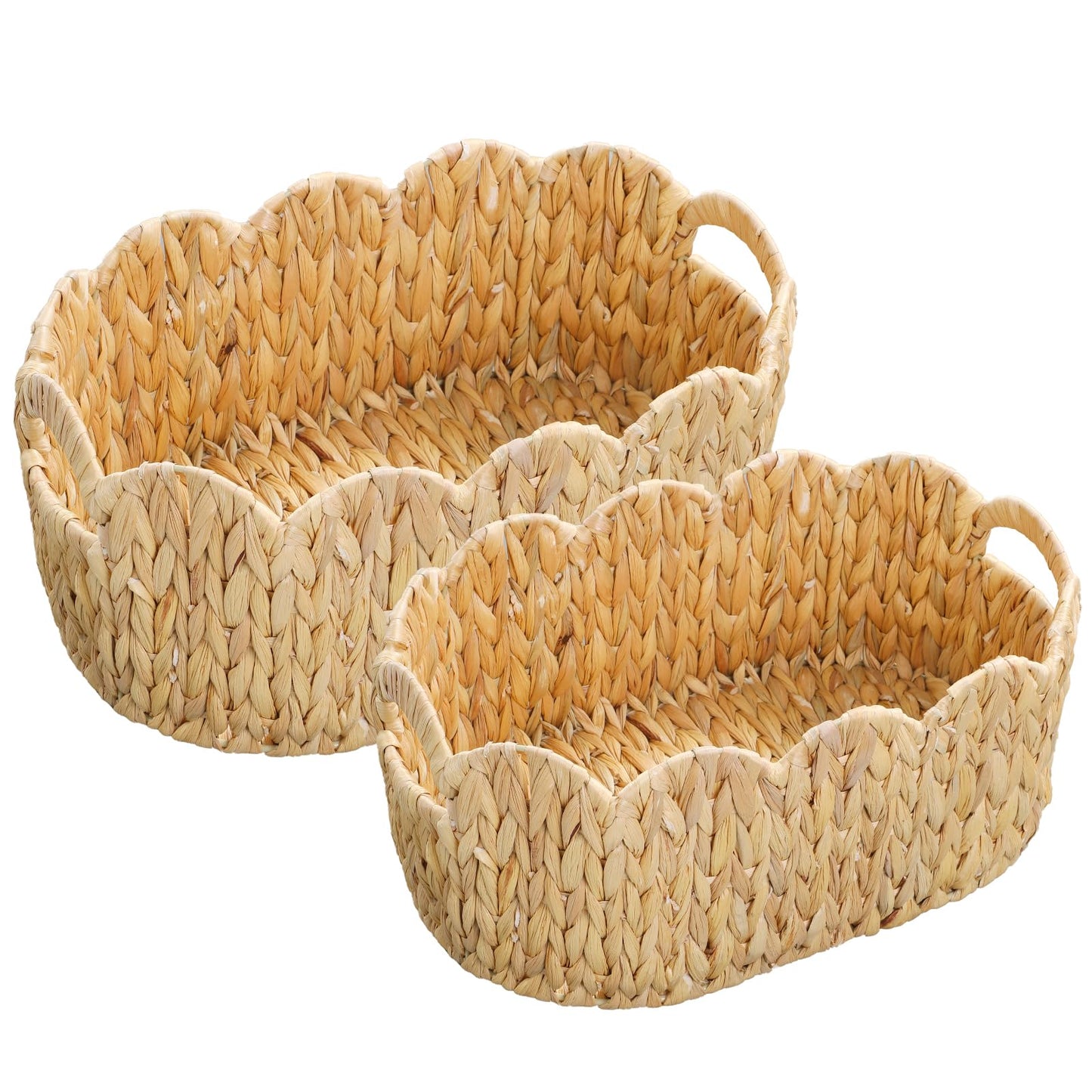 Coeusy Scalloped Basket Set of 2,Water Hyacinth Basket for Organizing and Decor,Hand-Woven Wicker Storage Baskets with Built-In Handles for Nursery,Gift,Laundry