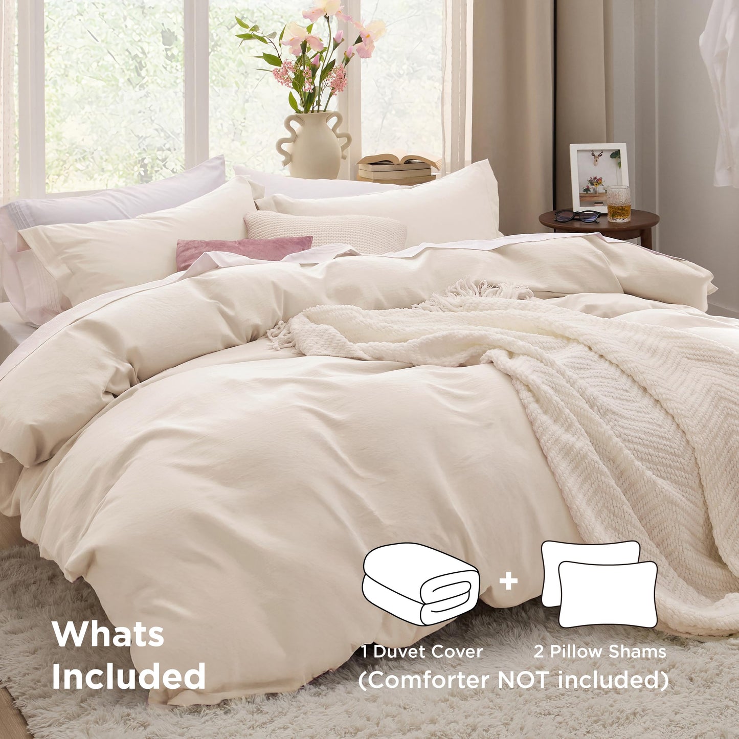 Bedsure Cream Duvet Cover Queen Size - 3 Pieces Prewashed Cotton-Like Polyester Extra Soft Bedding Set, Includes 1 Duvet Cover 90x90 Inches with Zipper Closure & 2 Pillow Shams, No Comforter