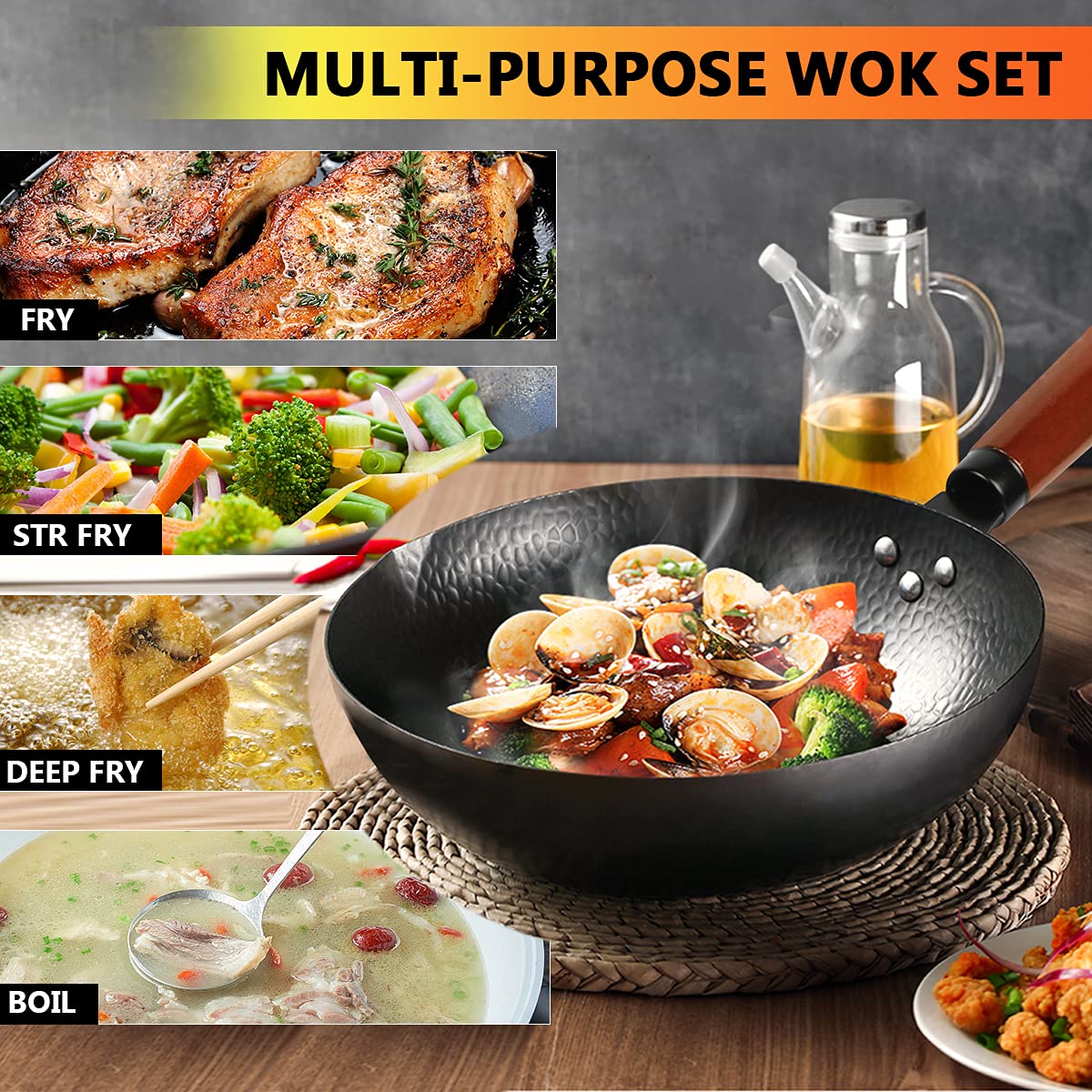 kaqinu 14 Piece Carbon Steel Wok Pan, Woks & Stir-Fry Pans Set with Wooden Lid Cookwares, No Chemical Coated Flat Bottom Chinese Pan for Induction, Electric, Gas, Halogen All Stoves - 12.6''