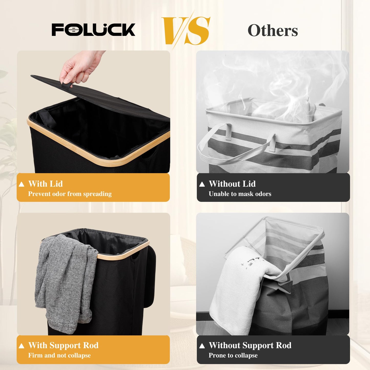 Foluck Large Laundry Hamper, 100L Waterproof Laundry Basket with Lid and Removable Bag, Collapsible Tall Clothes Hamper with Bamboo Handles for Clothes Toys in Dorm Bedroom Bathroom, Black