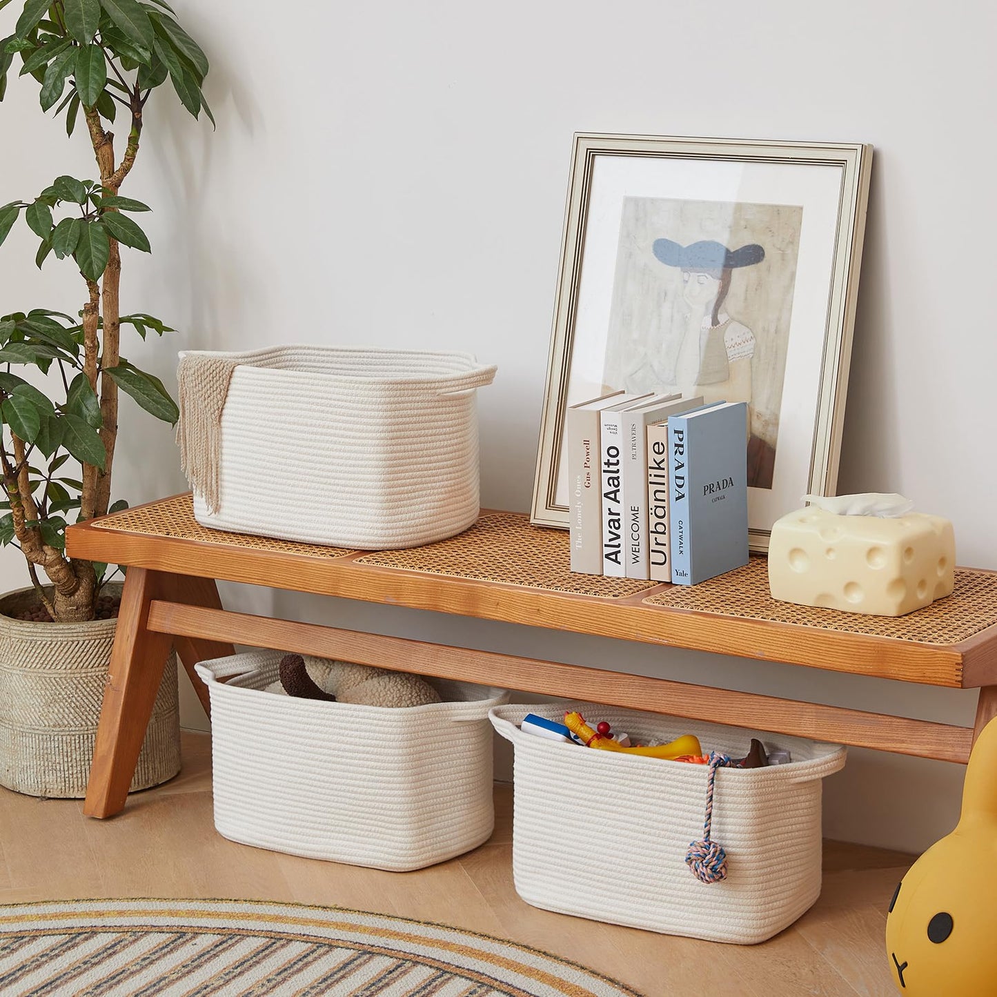 R RUNKA Cotton Rope Basket Set of 3 (15"x10.2"x9.1") - Rectangle Storage Bins - Versatile Toy Storage Organizer - Perfect for Kids, Dog Toys, Books, Shelves - White