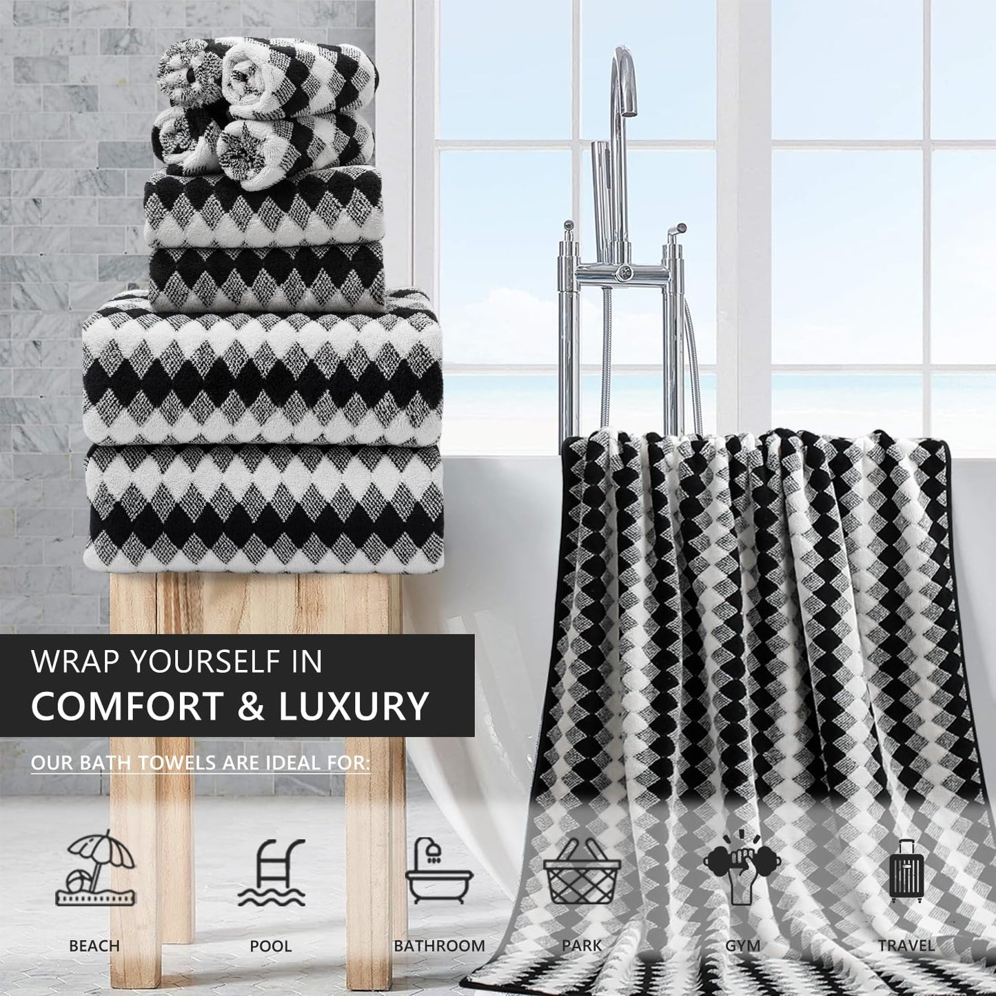 8 Piece Bathroom Towel Set Black White|2 Oversized Large Bath Towels Sheet,2 Hand Towels,4 Washcloths| 600GSM Soft Towel Set for Bathroom Hotel,Highly Absorbent Quick Dry Bath Towel Collections