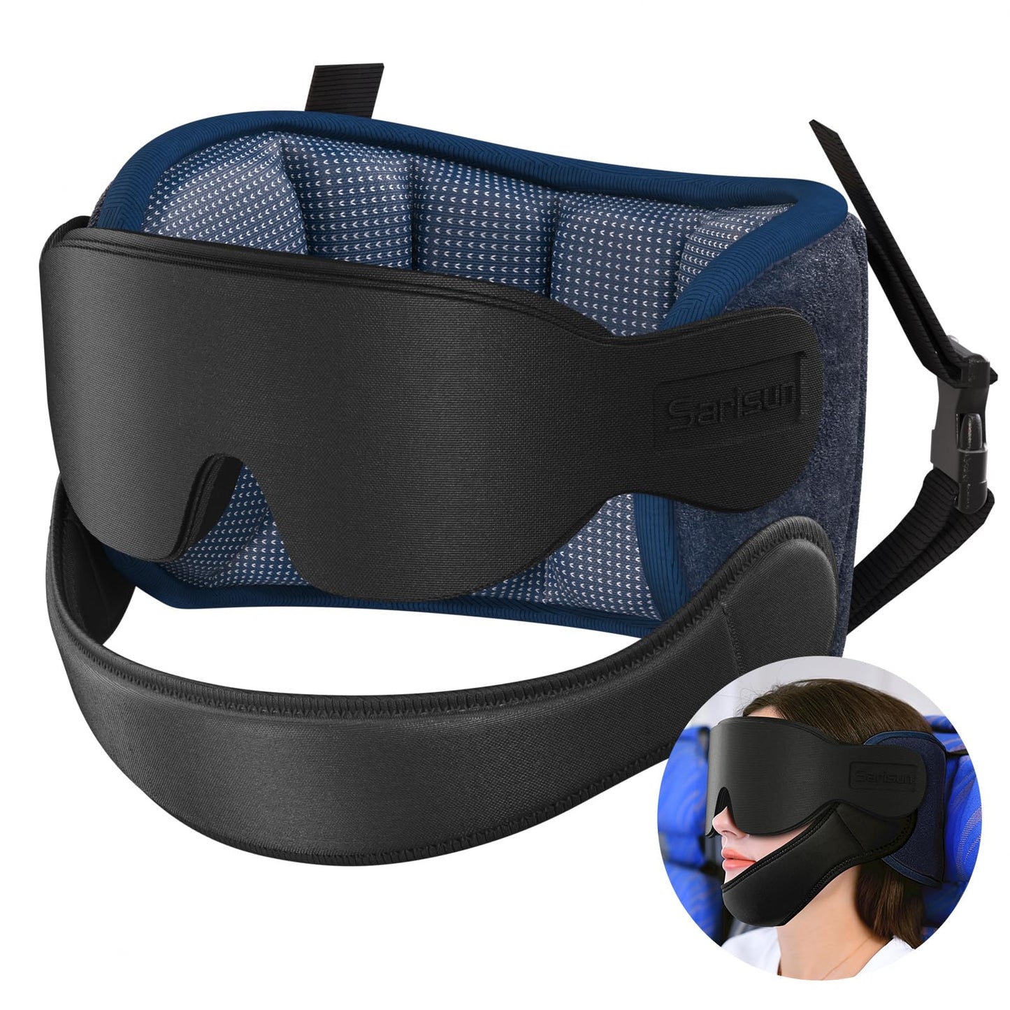 SARISUN Travel Pillows for Airplanes with Sleep Eye Mask, Chin Strap, Airplane Pillow for Long Flights, Car Road Trip, 360° Support Headrest, Travel Essentials Stop Bobblehead, Mottled Blue