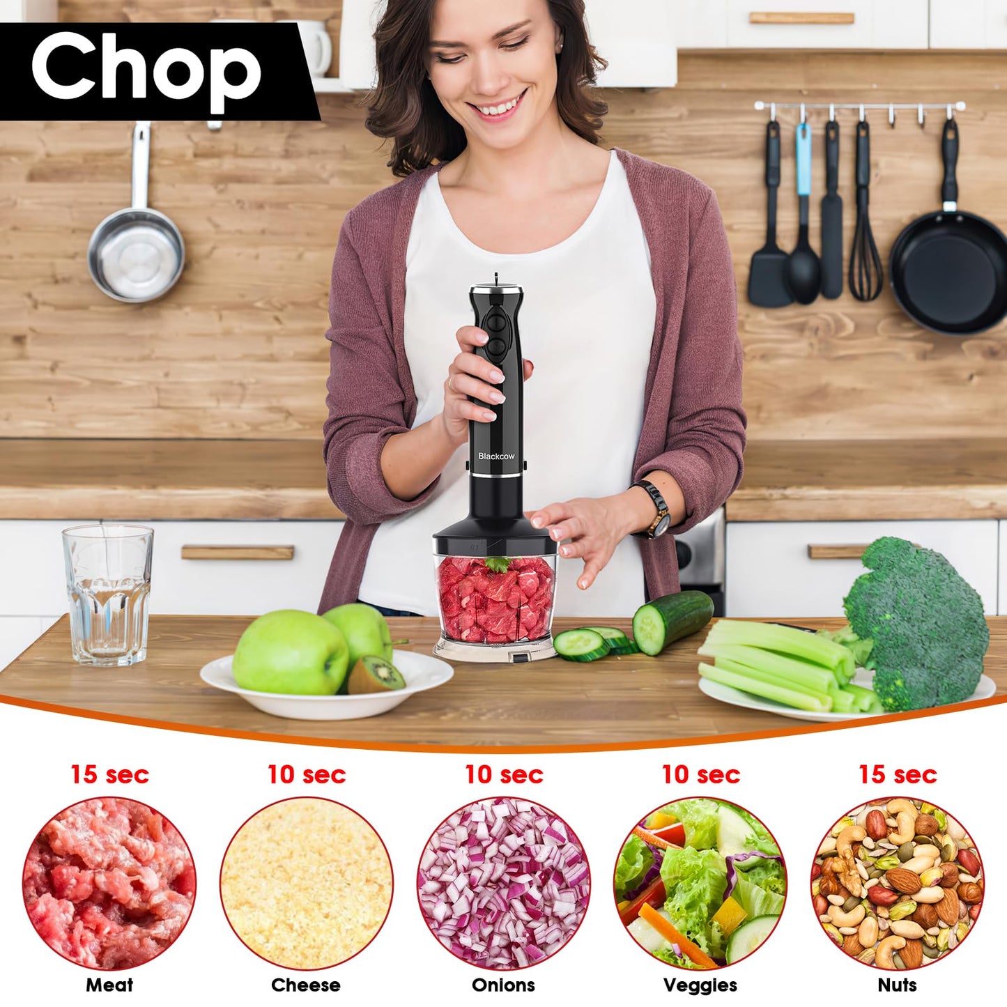 Immersion Blender Set for Kitchen,500W Extra Quiet Emulsion Blender Handheld,12 Speed Electric Hand Mixer with BPA Free Attachments:Chopper Bowl,Whisk,Milk Frother,Measuring Cup