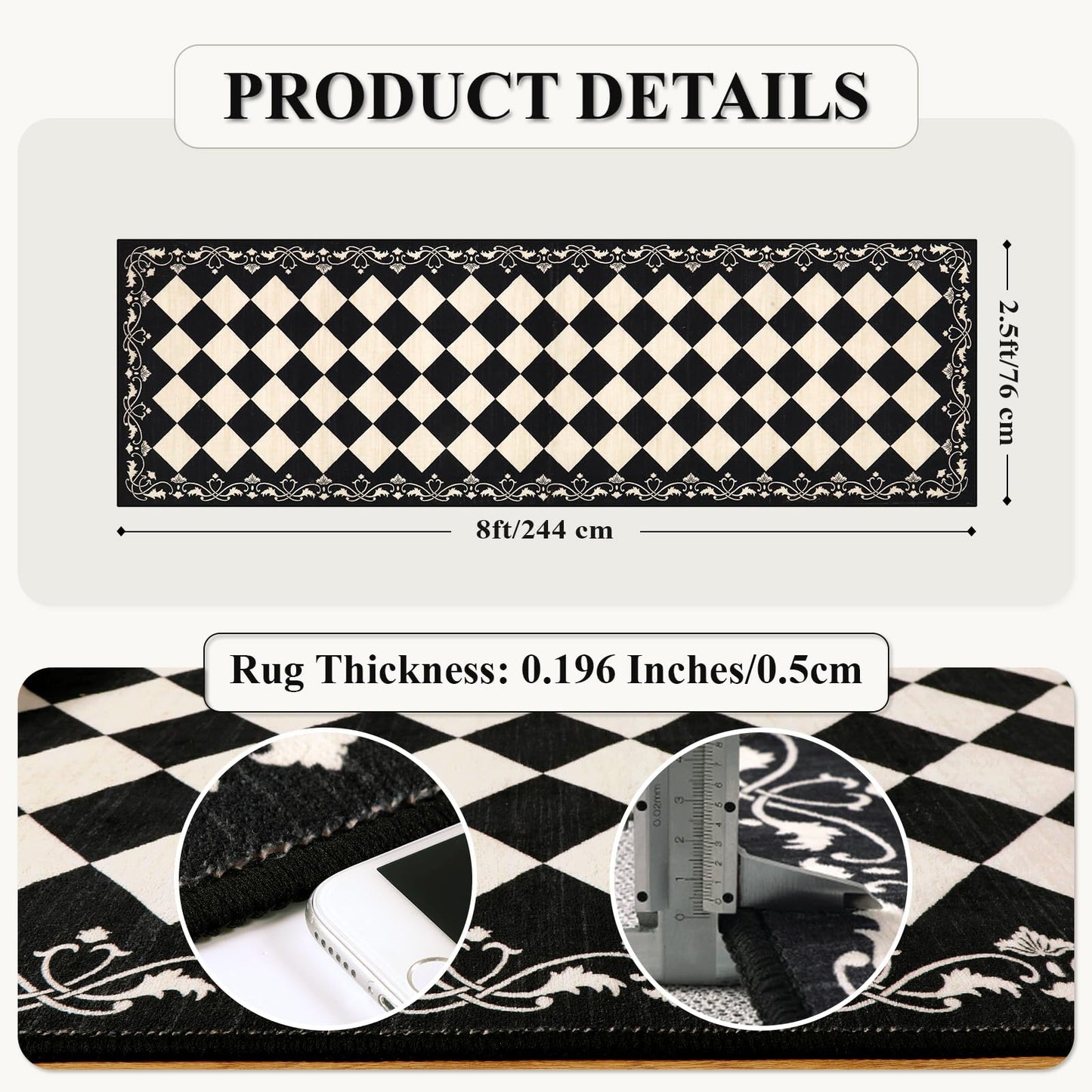 Beeiva Checkered Black Runner Rug for Hallway 2.5x8, Washable Runner for Entryway Bathroom Ultra Thin Non Slip, Moroccan Stain Resistant Print Kitchen Rug 8ft, Plaid Carpet for Besides Laundry Decor