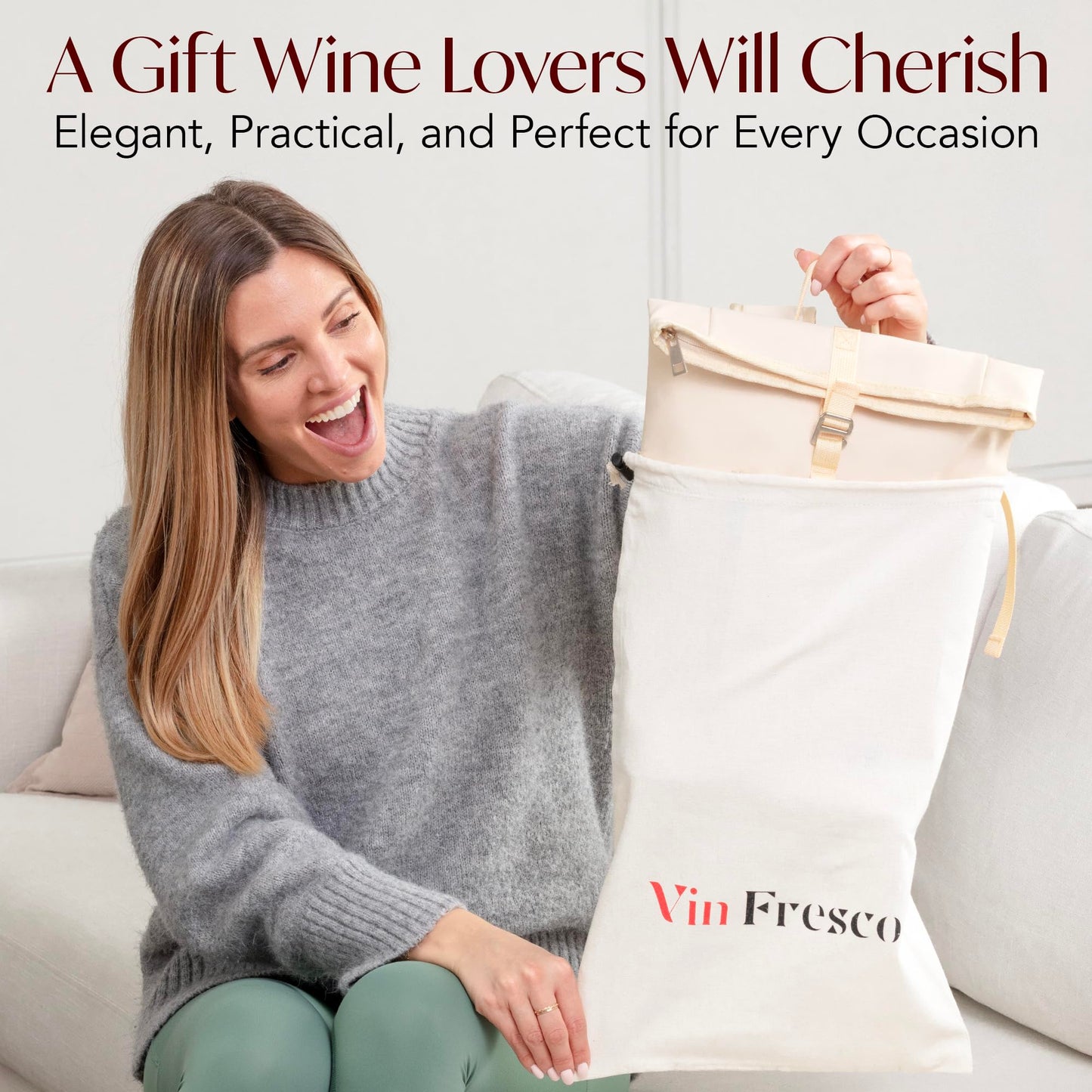 VIN FRESCO Two Bottle Rolltop Wine Tote Bag – Stylish PU Leather Backpack with Matching Tumblers – Wine Carrier with Padded Straps and Compartments for Travels & Picnics (Beige)